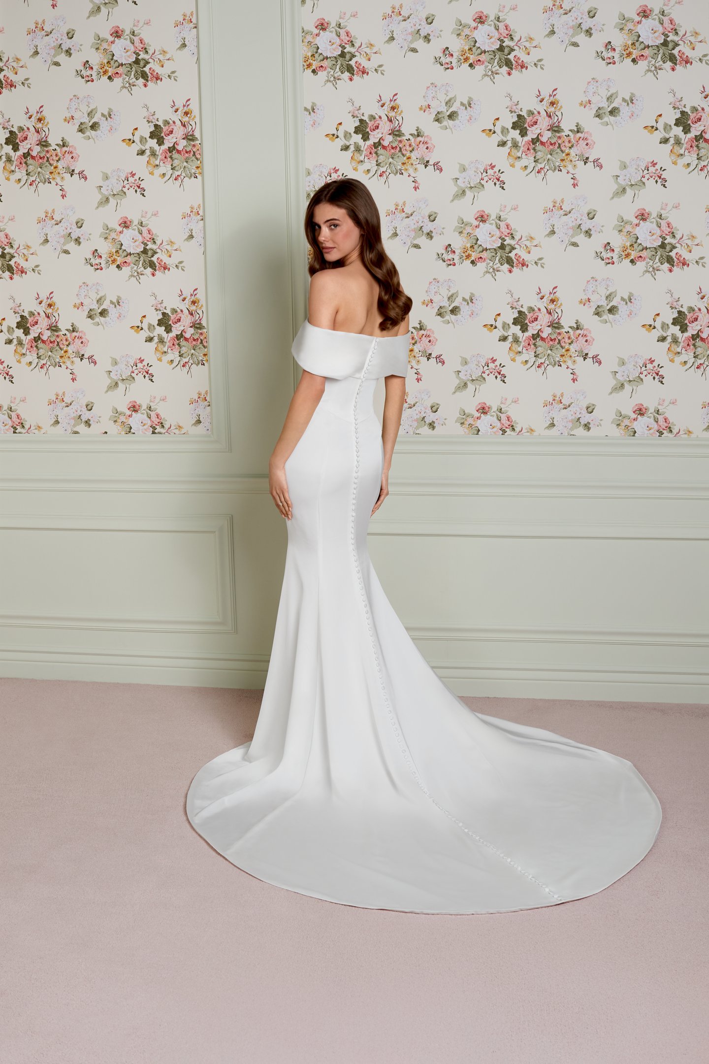 Adore by Justin Alexander Style 11459 Birdie Charmeuse Fit and Flare Bridal Gown with Off-the-Shoulder Cuff Neckline, Princess Seams on Bodice, and Basque Waistline