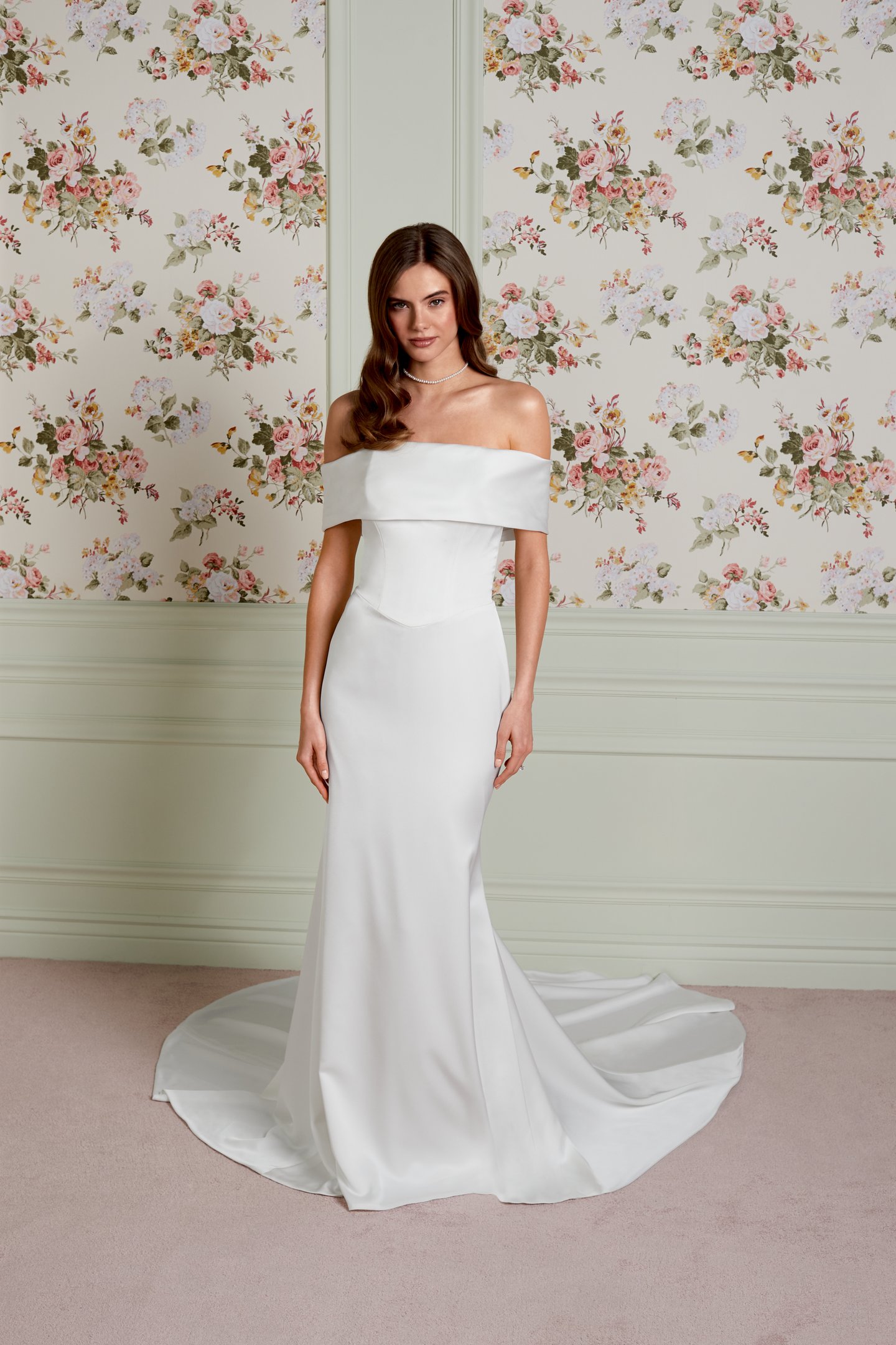 Adore by Justin Alexander Style 11459 Birdie Charmeuse Fit and Flare Bridal Gown with Off-the-Shoulder Cuff Neckline, Princess Seams on Bodice, and Basque Waistline