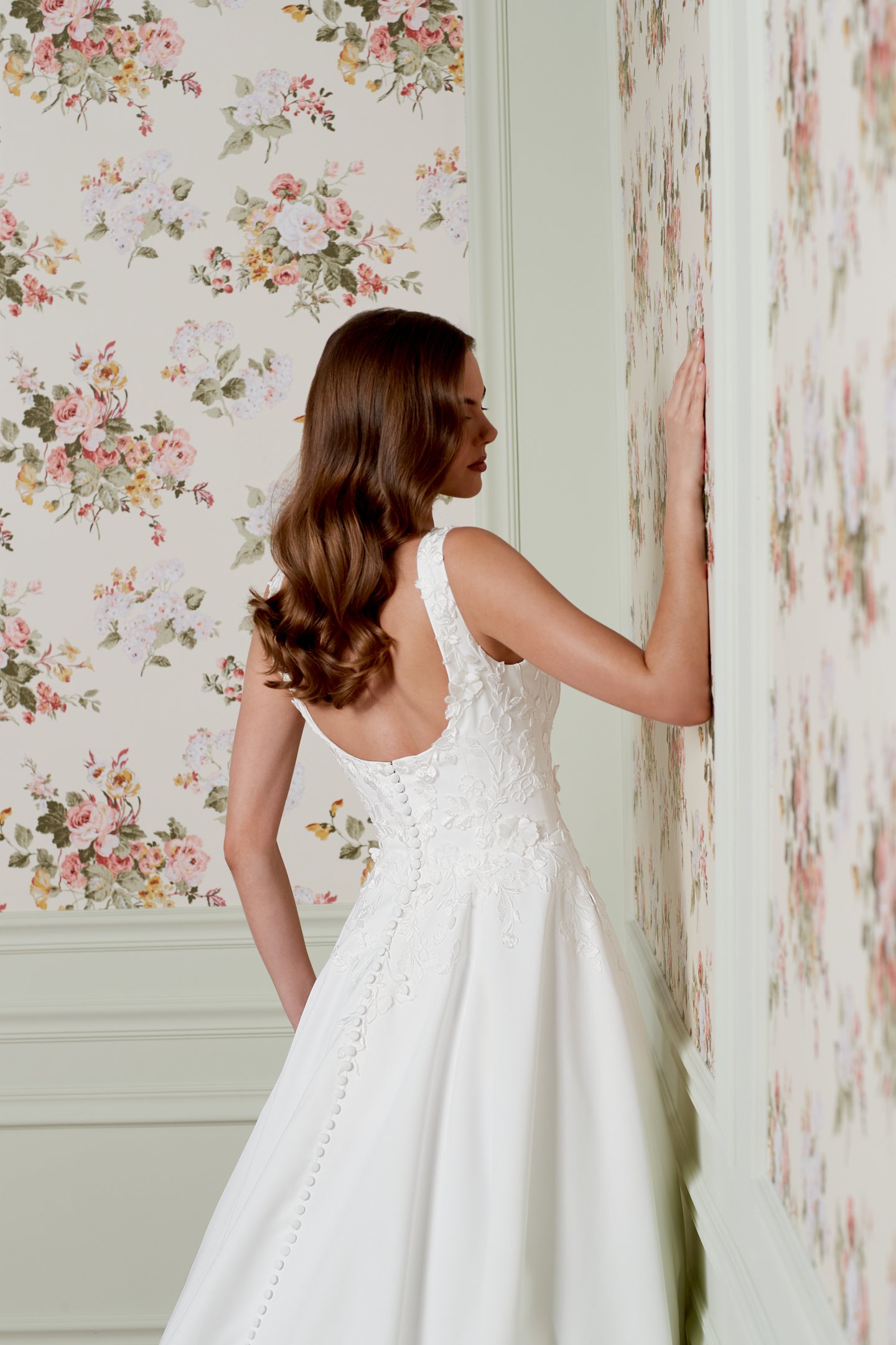 Adore by Justin Alexander Style 11461 Araminta Satin A-Line Gown with Matte Floral Lace Appliqués and 3D Floral Details on the Bodice, Basque Waistline, and Pockets