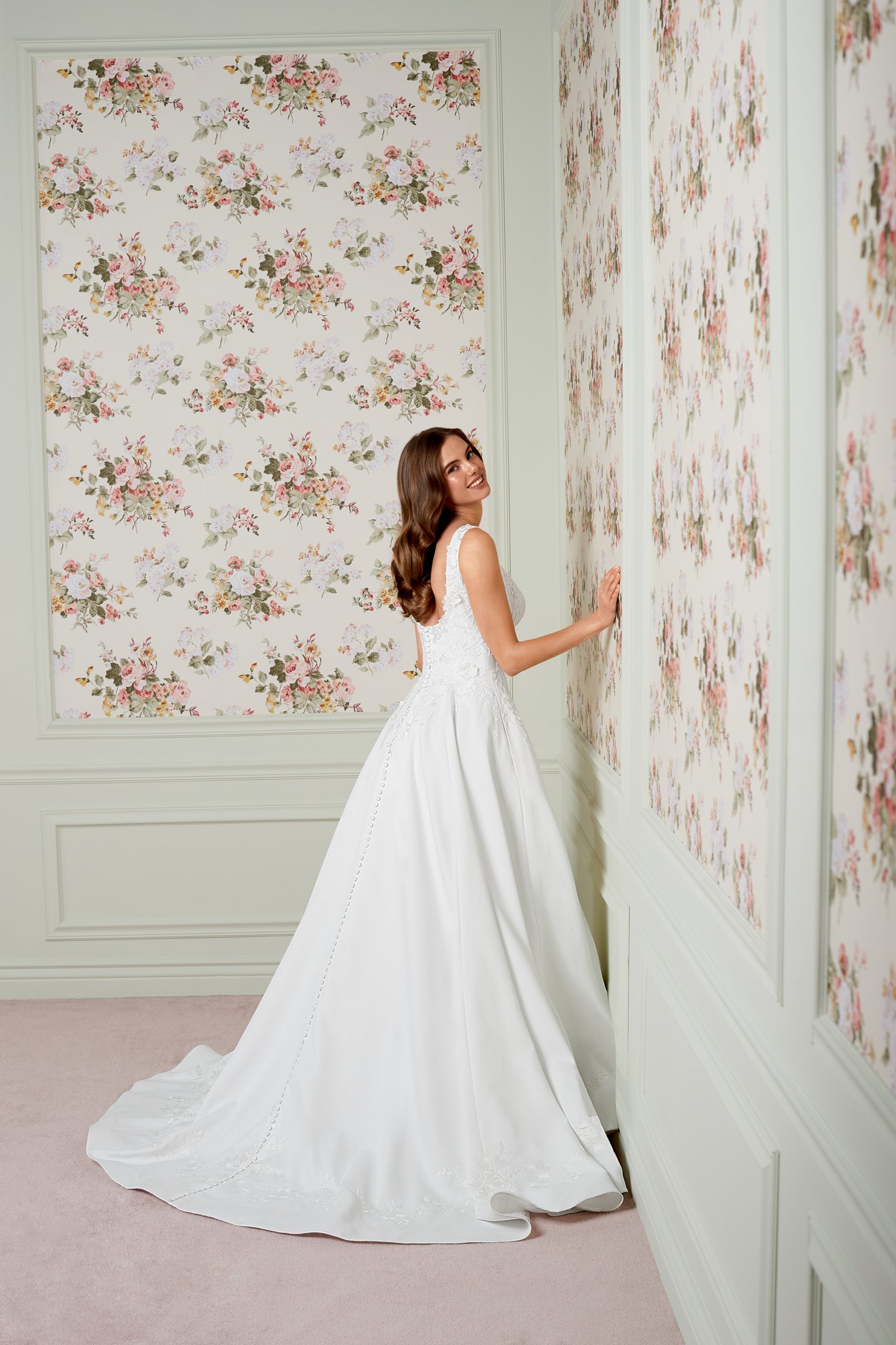 Adore by Justin Alexander Style 11461 Araminta Satin A-Line Gown with Matte Floral Lace Appliqués and 3D Floral Details on the Bodice, Basque Waistline, and Pockets