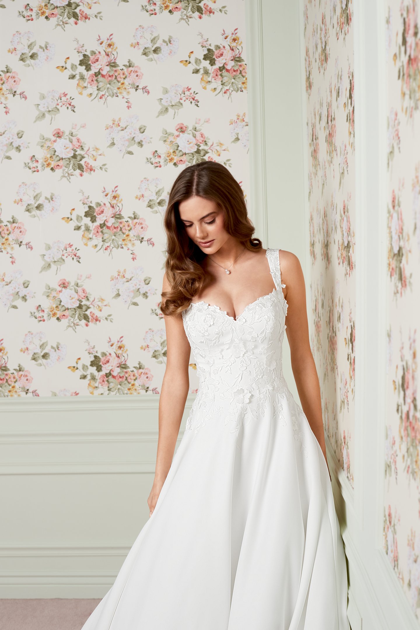 Adore by Justin Alexander Style 11461 Araminta Satin A-Line Gown with Matte Floral Lace Appliqués and 3D Floral Details on the Bodice, Basque Waistline, and Pockets