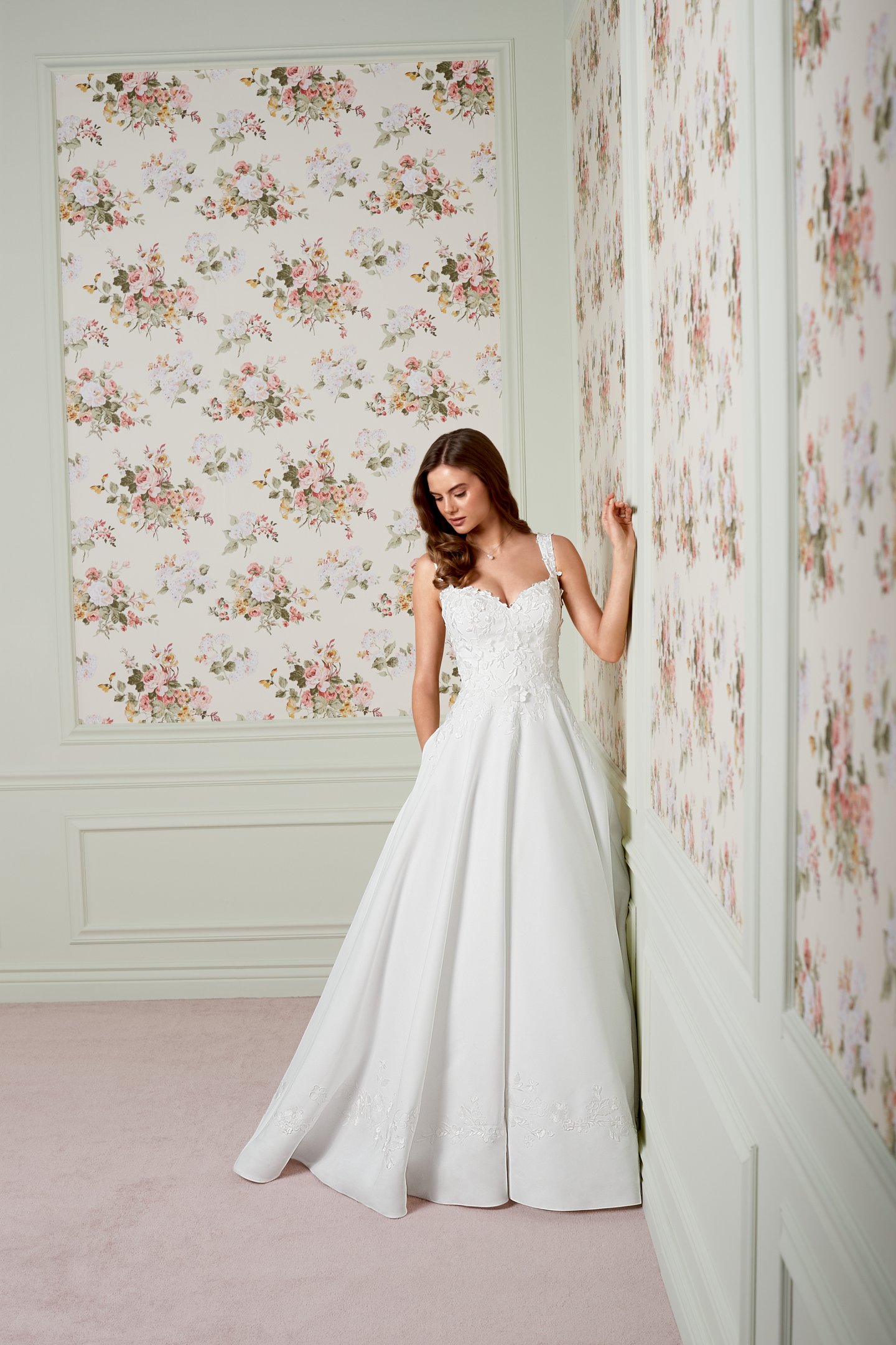 Adore by Justin Alexander Style 11461 Araminta Satin A-Line Gown with Matte Floral Lace Appliqués and 3D Floral Details on the Bodice, Basque Waistline, and Pockets