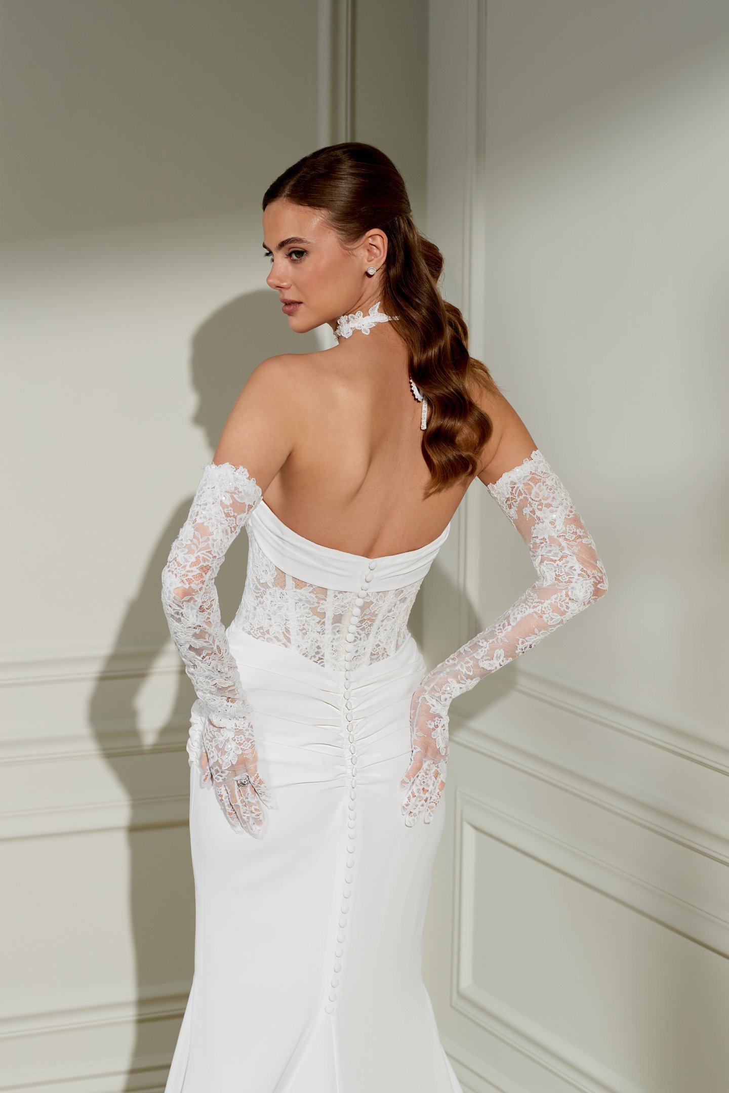 Adore by Justin Alexander Style 11462 Vera Crepe Fit and Flare Bridal Gown with Draped Cowl Detail at Neckline and Sheer Bodice