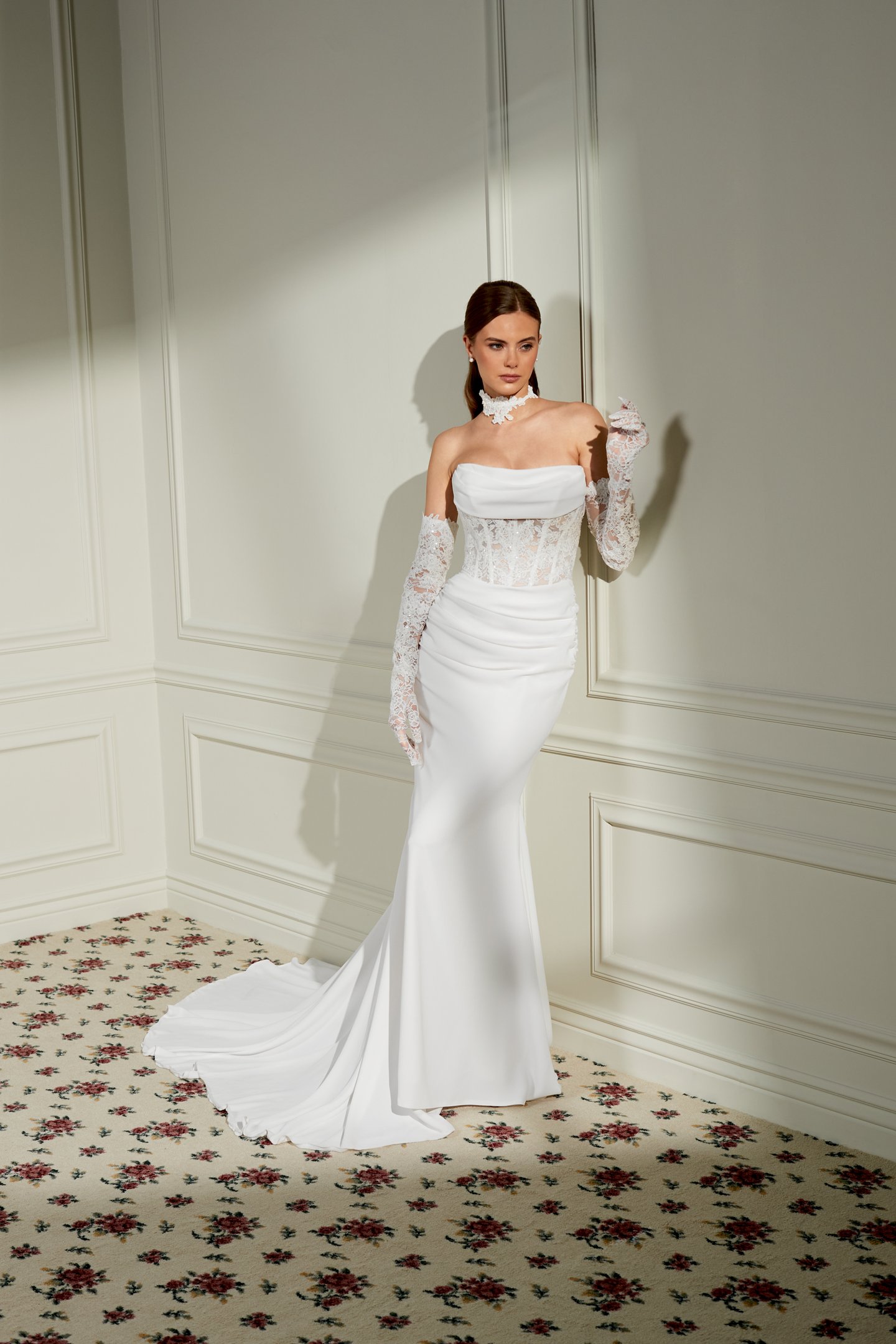 Adore by Justin Alexander Style 11462 Vera Crepe Fit and Flare Bridal Gown with Draped Cowl Detail at Neckline and Sheer Bodice