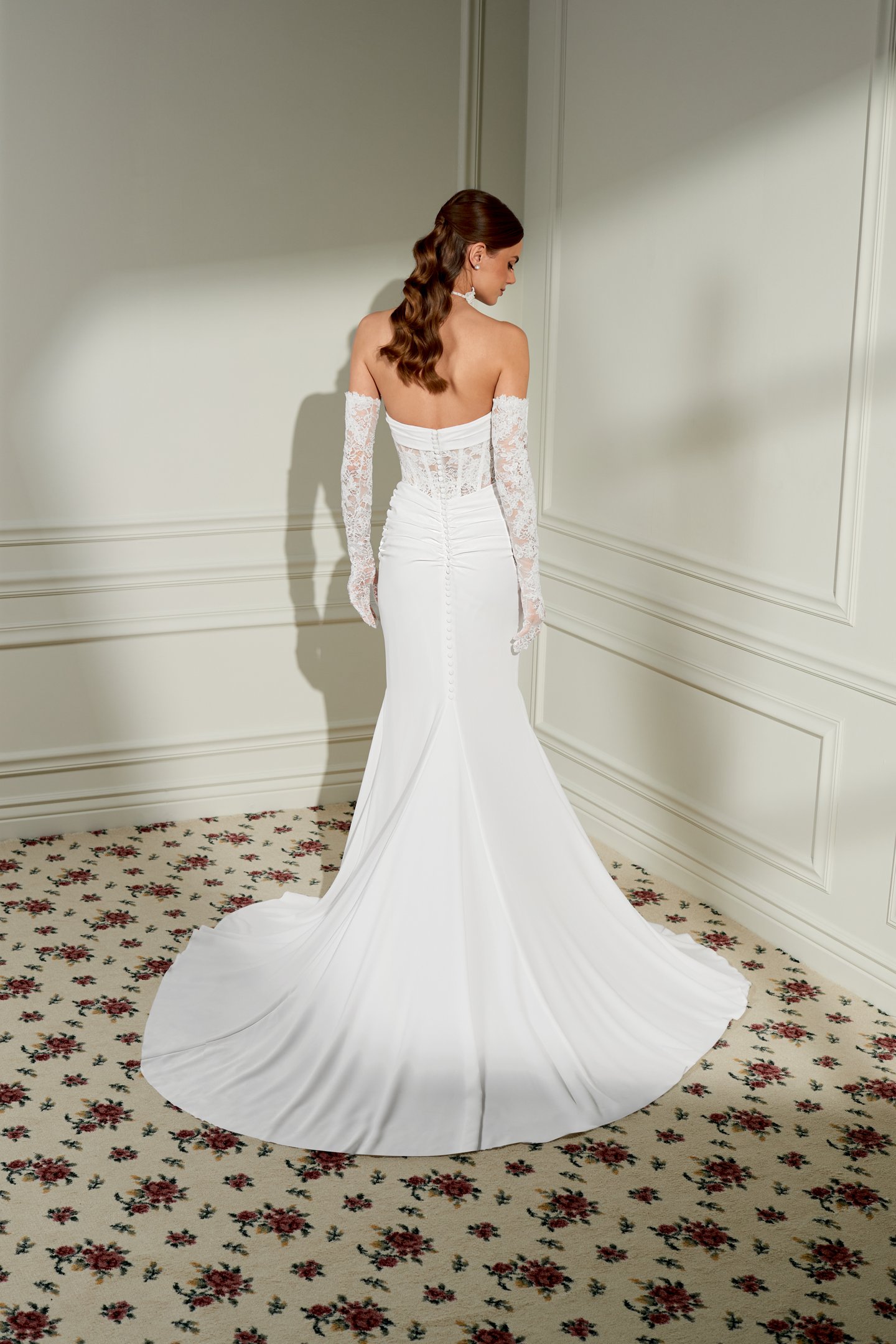 Adore by Justin Alexander Style 11462G Vera Gloves Chantilly Lace Gloves Adorned with Sequined Corded Lace Appliqués