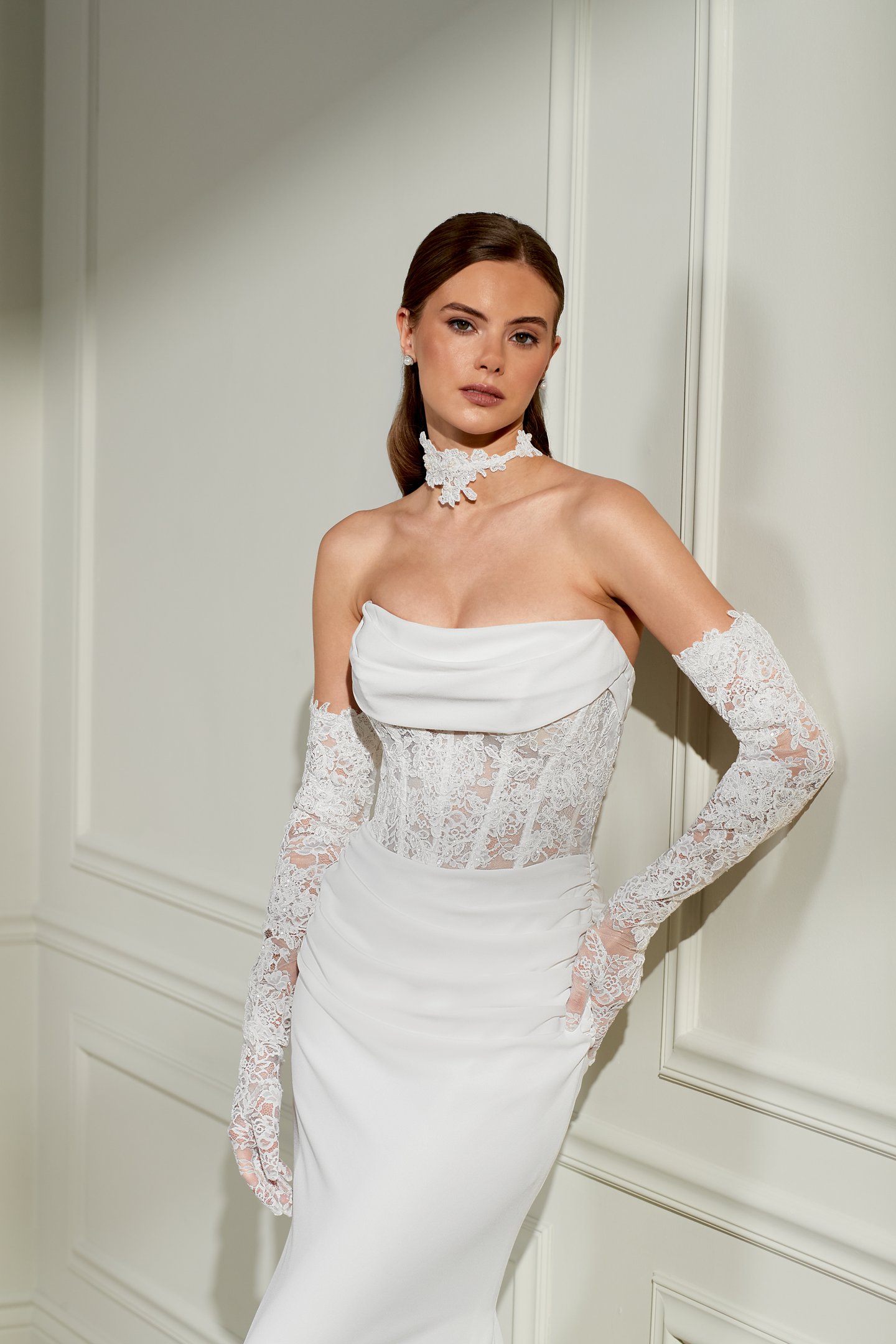 Adore by Justin Alexander Style 11462G Vera Gloves Chantilly Lace Gloves Adorned with Sequined Corded Lace Appliqués