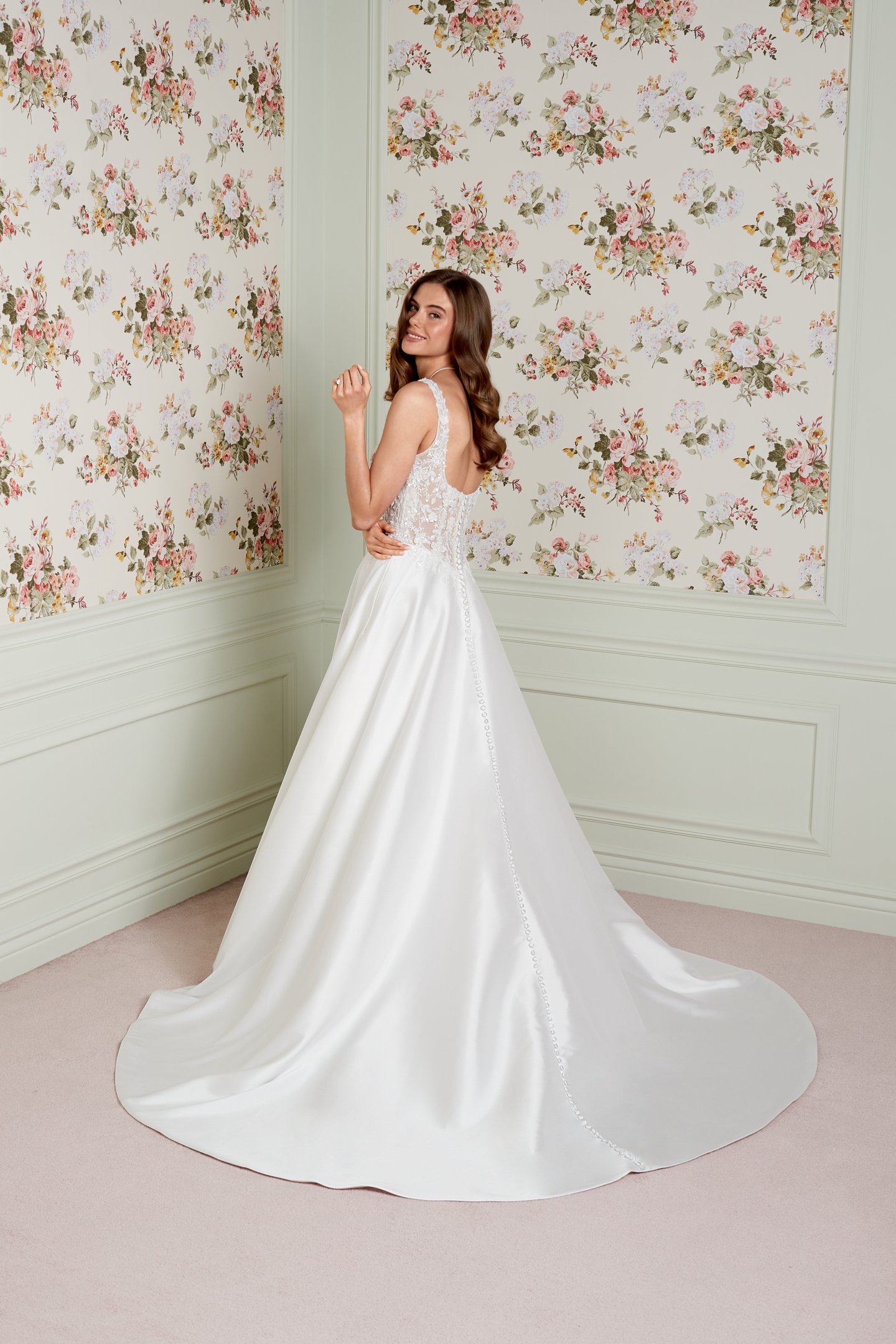 Adore by Justin Alexander Style 11464 Florence Mikado A-Line Bridal Gown with Sparkling Bodice Adorned with Beaded and Sequined Lace Appliqués and Pockets