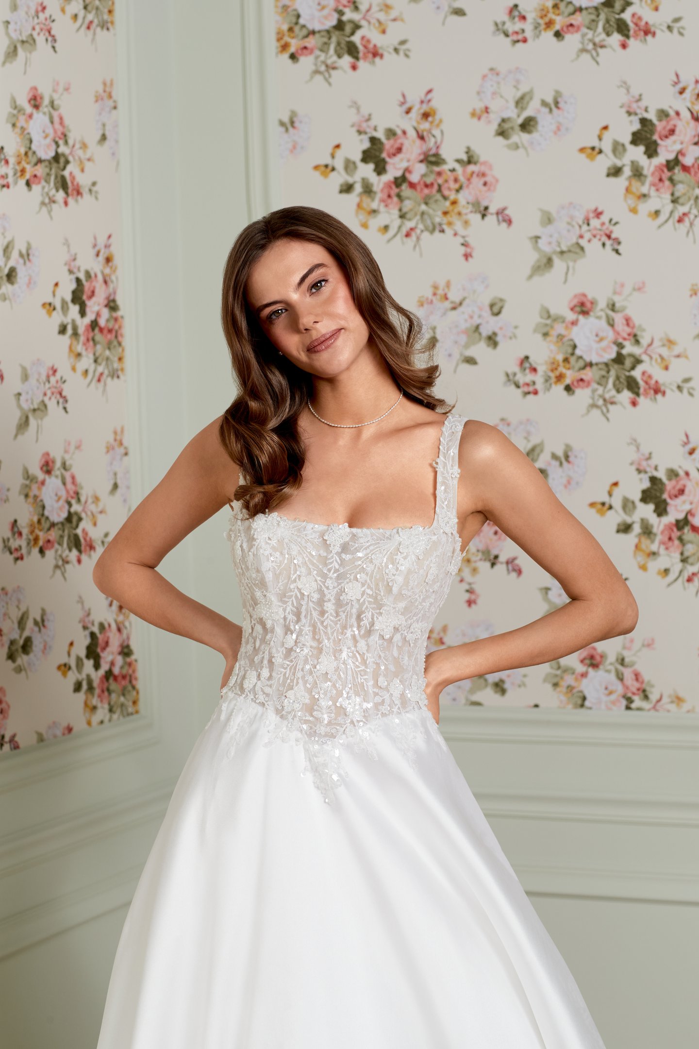 Adore by Justin Alexander Style 11464 Florence Mikado A-Line Bridal Gown with Sparkling Bodice Adorned with Beaded and Sequined Lace Appliqués and Pockets