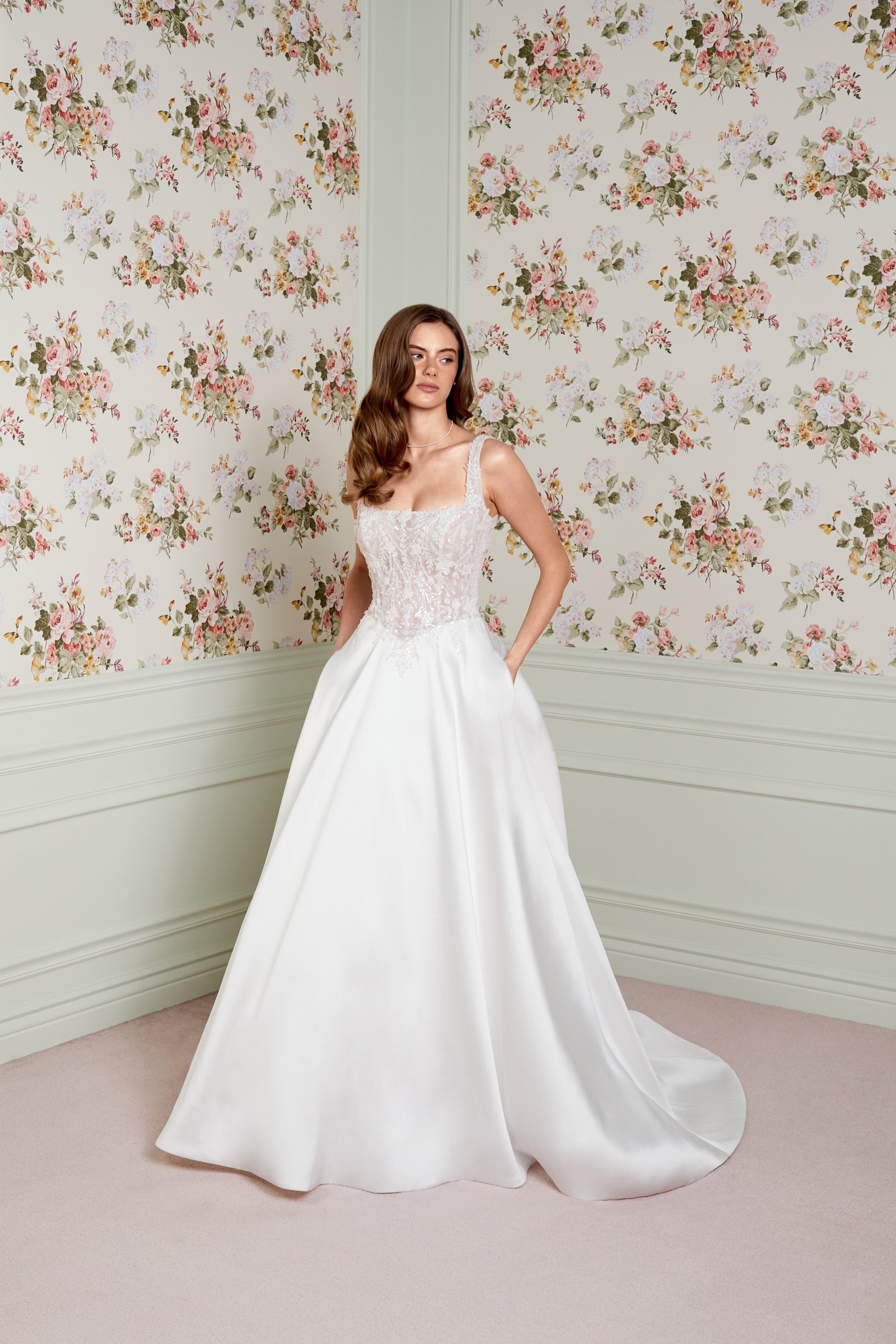 Adore by Justin Alexander Style 11464 Florence Mikado A-Line Bridal Gown with Sparkling Bodice Adorned with Beaded and Sequined Lace Appliqués and Pockets