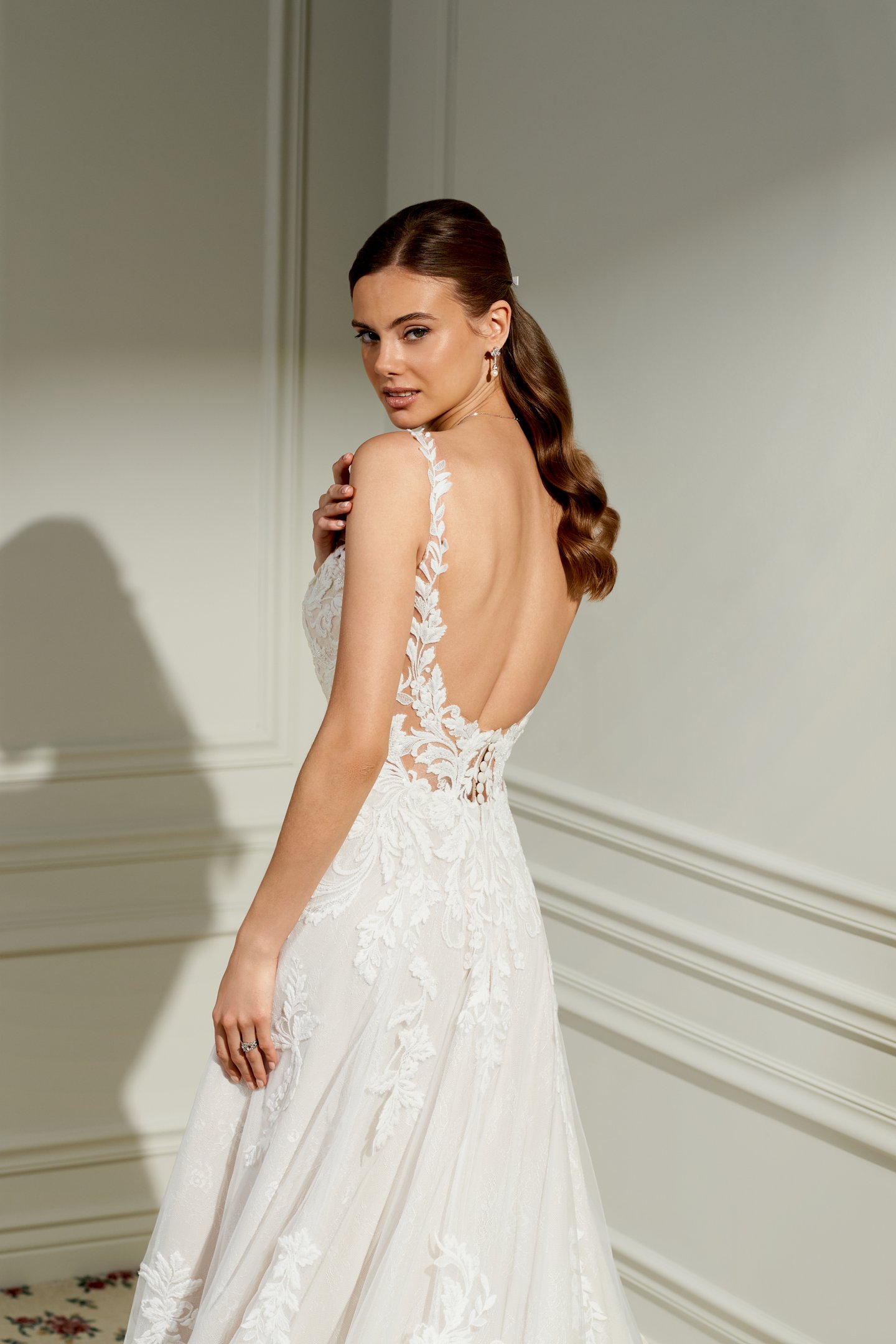 Adore by Justin Alexander Style 11473 Tillie Chantilly Lace A-Line Bridal Gown with Plunging Bikini Neckline and Lace Appliqués