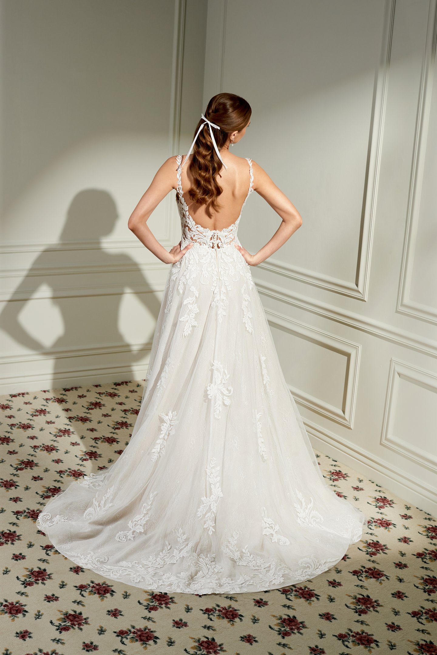 Adore by Justin Alexander Style 11473 Tillie Chantilly Lace A-Line Bridal Gown with Plunging Bikini Neckline and Lace Appliqués
