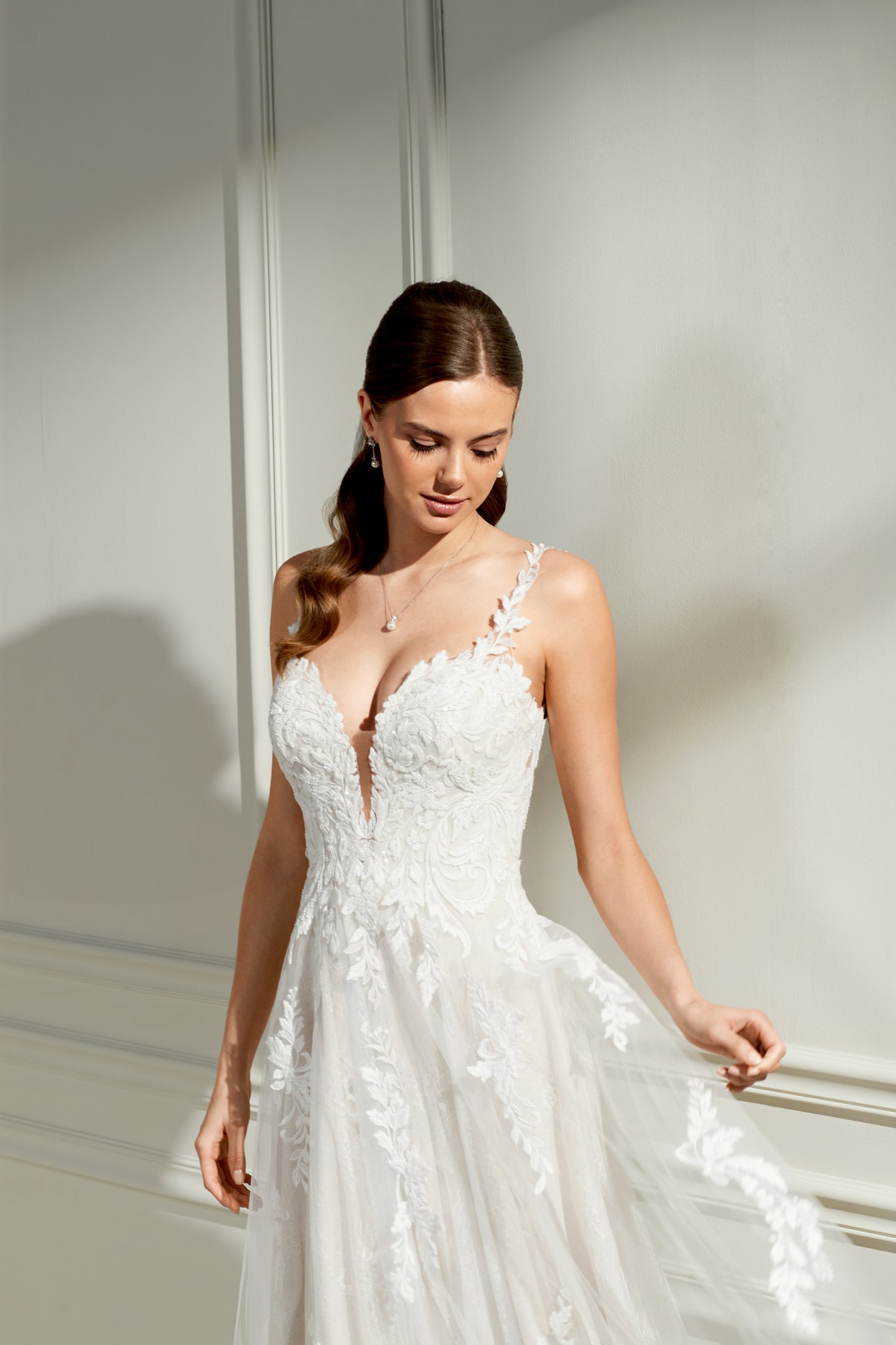 Adore by Justin Alexander Style 11473 Tillie Chantilly Lace A-Line Bridal Gown with Plunging Bikini Neckline and Lace Appliqués
