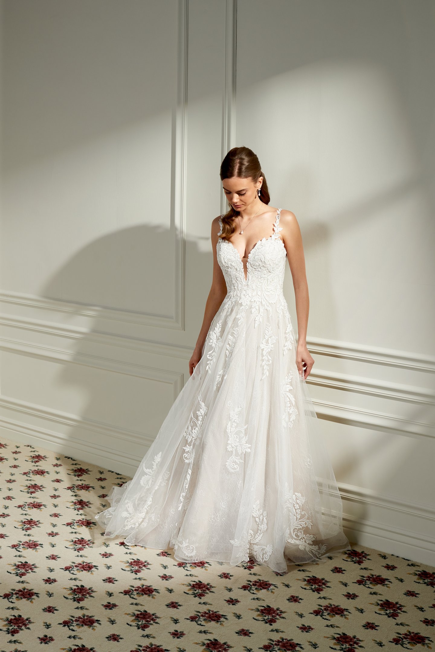 Adore by Justin Alexander Style 11473 Tillie Chantilly Lace A-Line Bridal Gown with Plunging Bikini Neckline and Lace Appliqués