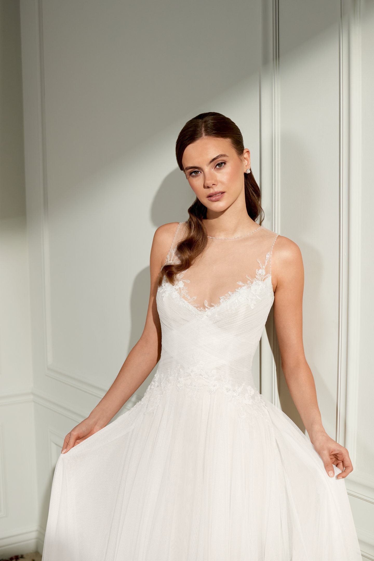 Adore by Justin Alexander Style 11477 Beatrice Tulle A-Line Bridal Gown with Illusion Jewel Neckline and Inverted Dropped Waistline