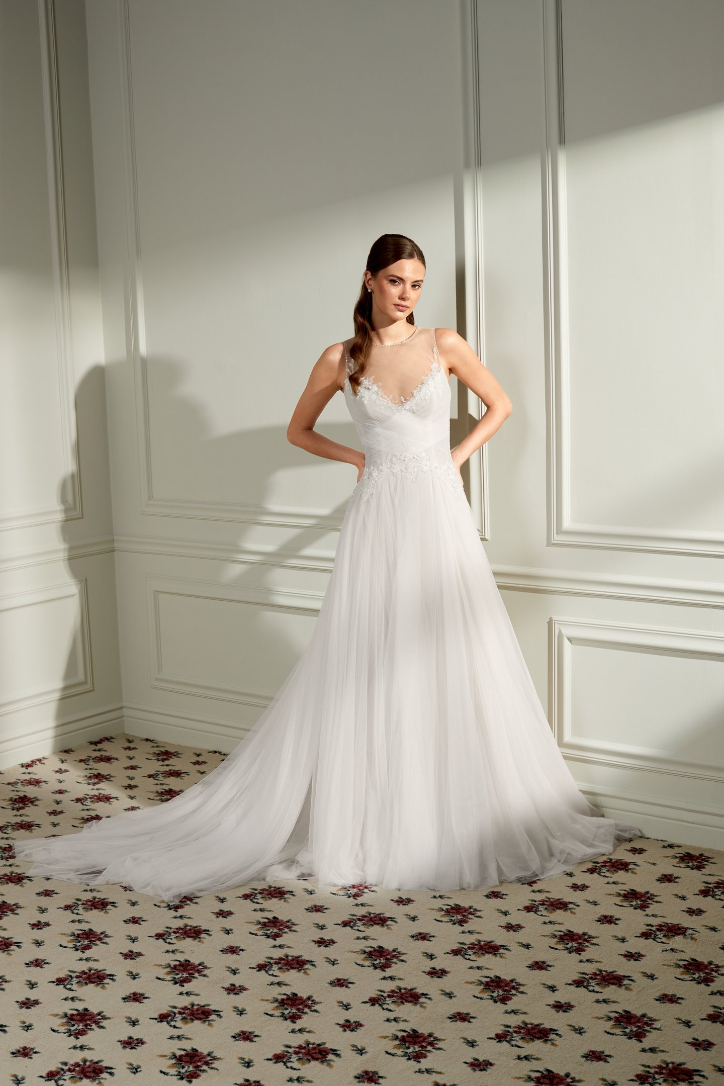 Adore by Justin Alexander Style 11477 Beatrice Tulle A-Line Bridal Gown with Illusion Jewel Neckline and Inverted Dropped Waistline