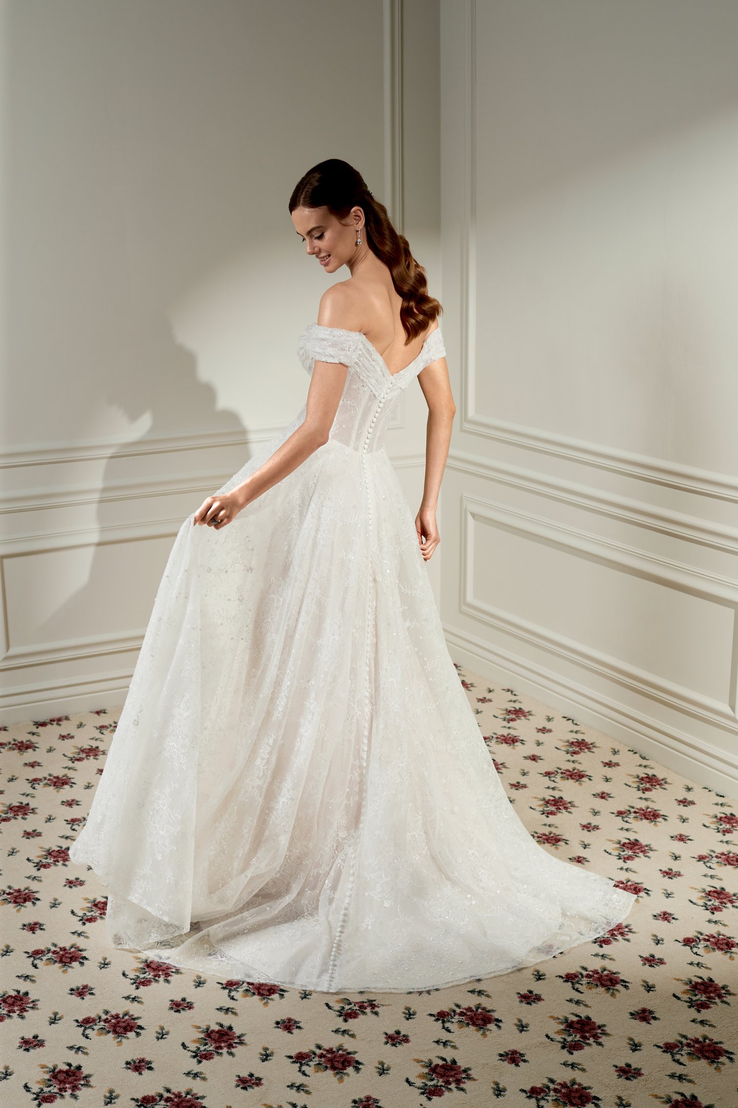 Adore by Justin Alexander Style 11479 Dollie Sparkling Chantilly Lace A-Line Bridal Gown withe Draped Off-the-Shoulder Neckline and Exposed Boning