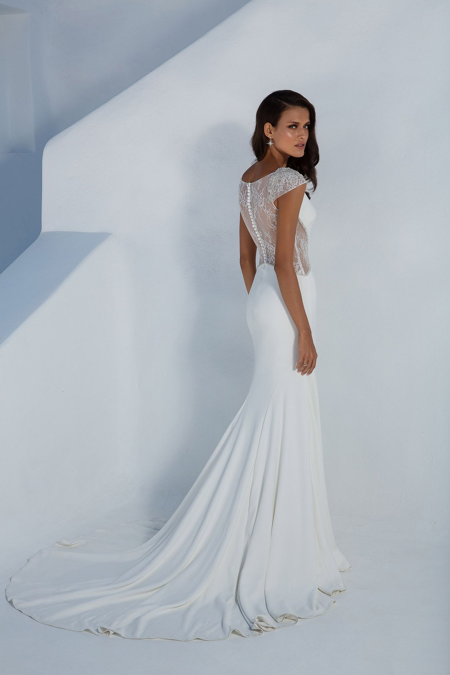 Justin Alexander Style 88002 Crepe Fit and Flare Gown with Illusion Lace Back