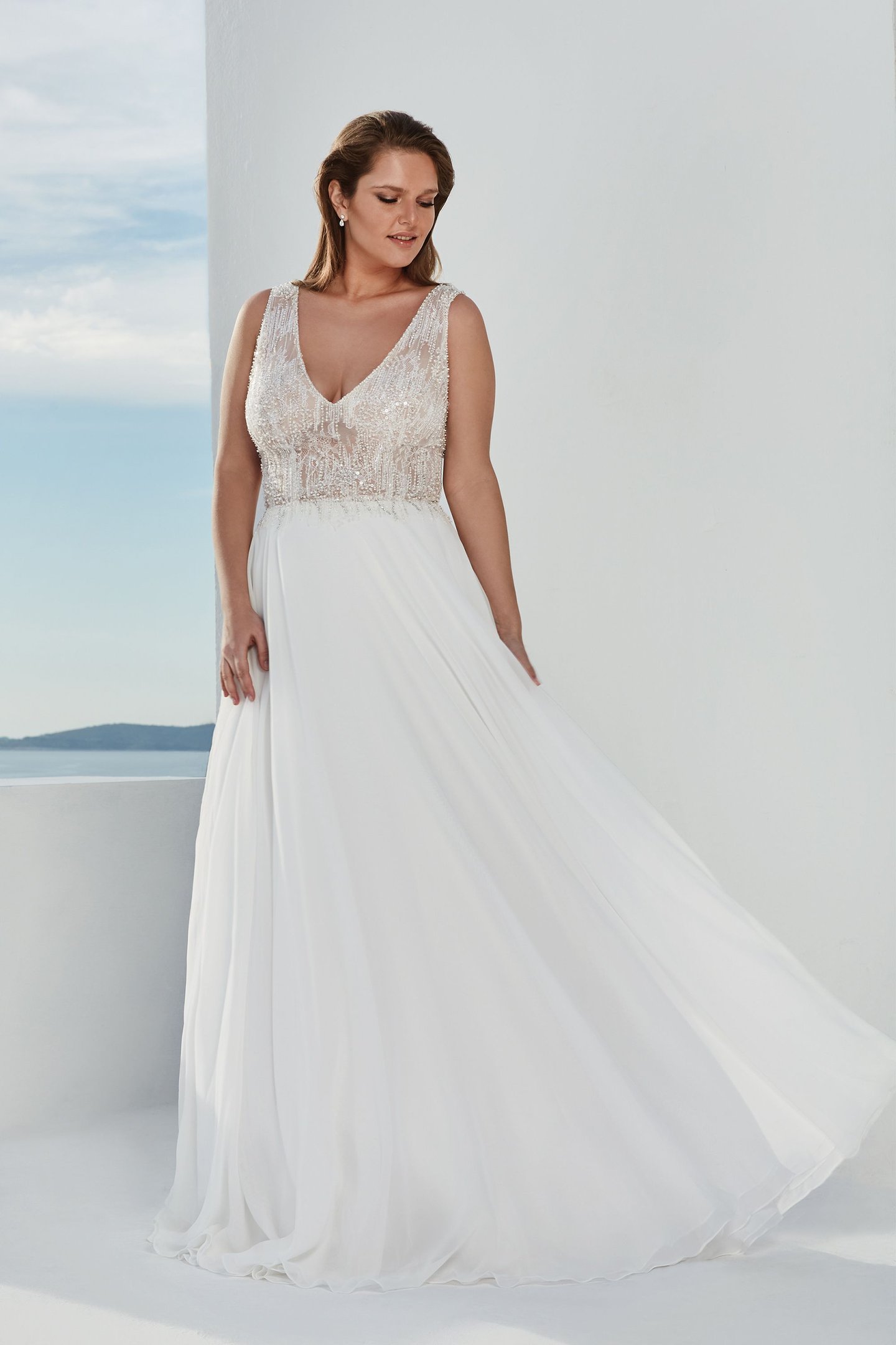 Justin Alexander Style 88003 Sheer Beaded Bodice with Chiffon A-line Skirt