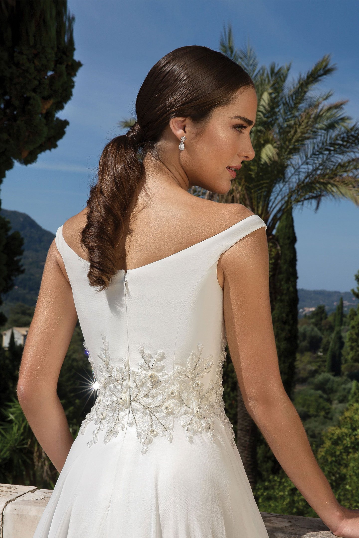 Justin Alexander style 88092 Chiffon A-Line Dress with Beaded Motif and Lace
