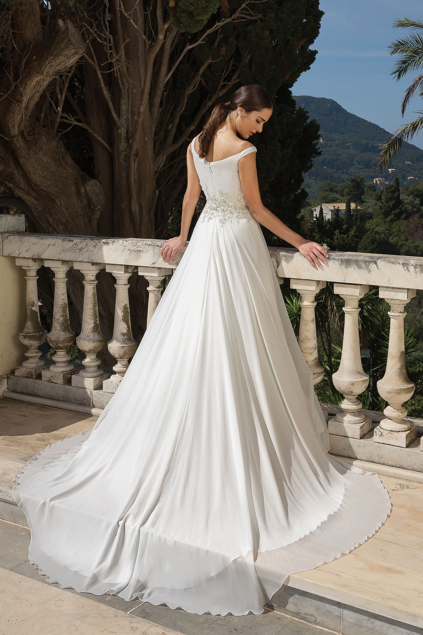 Justin Alexander Style 88092 Chiffon A-Line Dress with Beaded Motif and Lace