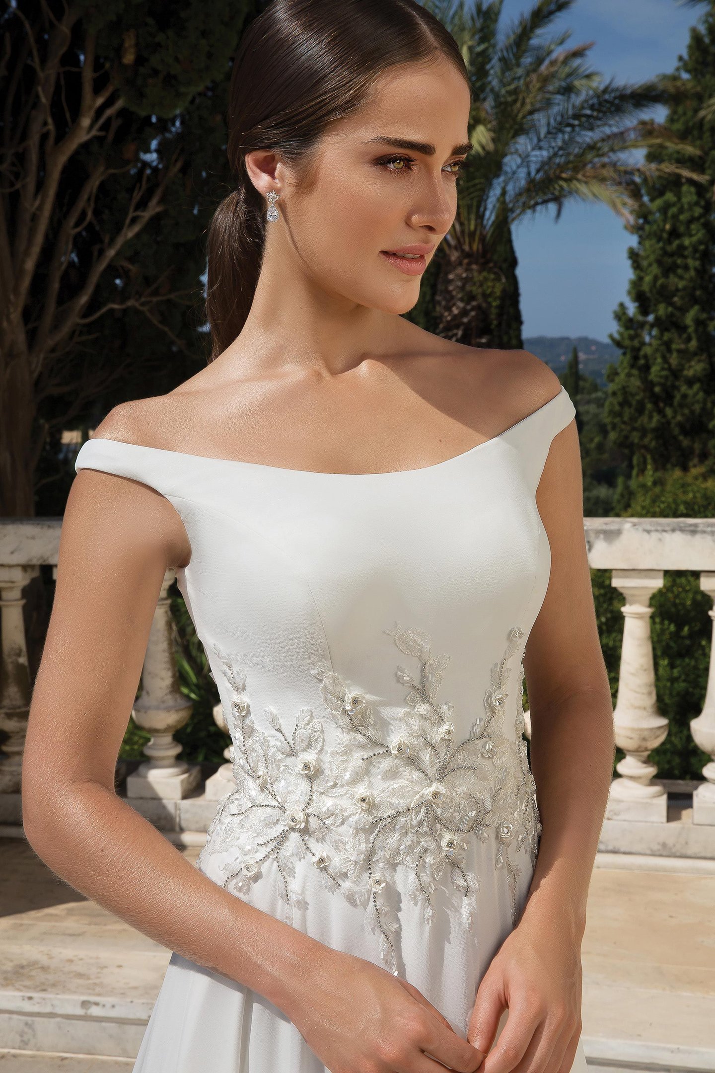 Justin Alexander Style 88092 Chiffon A-Line Dress with Beaded Motif and Lace