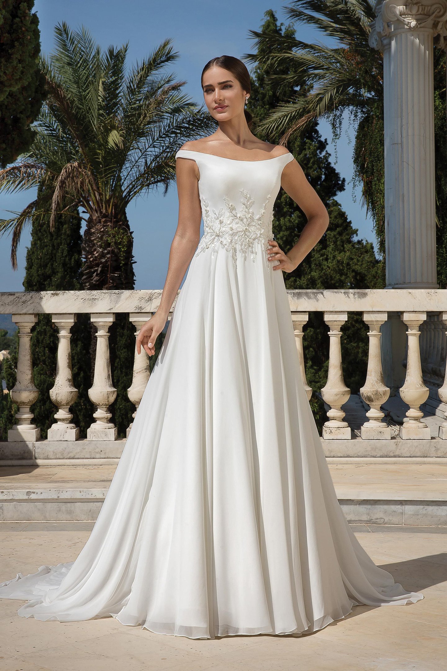 Justin Alexander Style 88092 Chiffon A-Line Dress with Beaded Motif and Lace