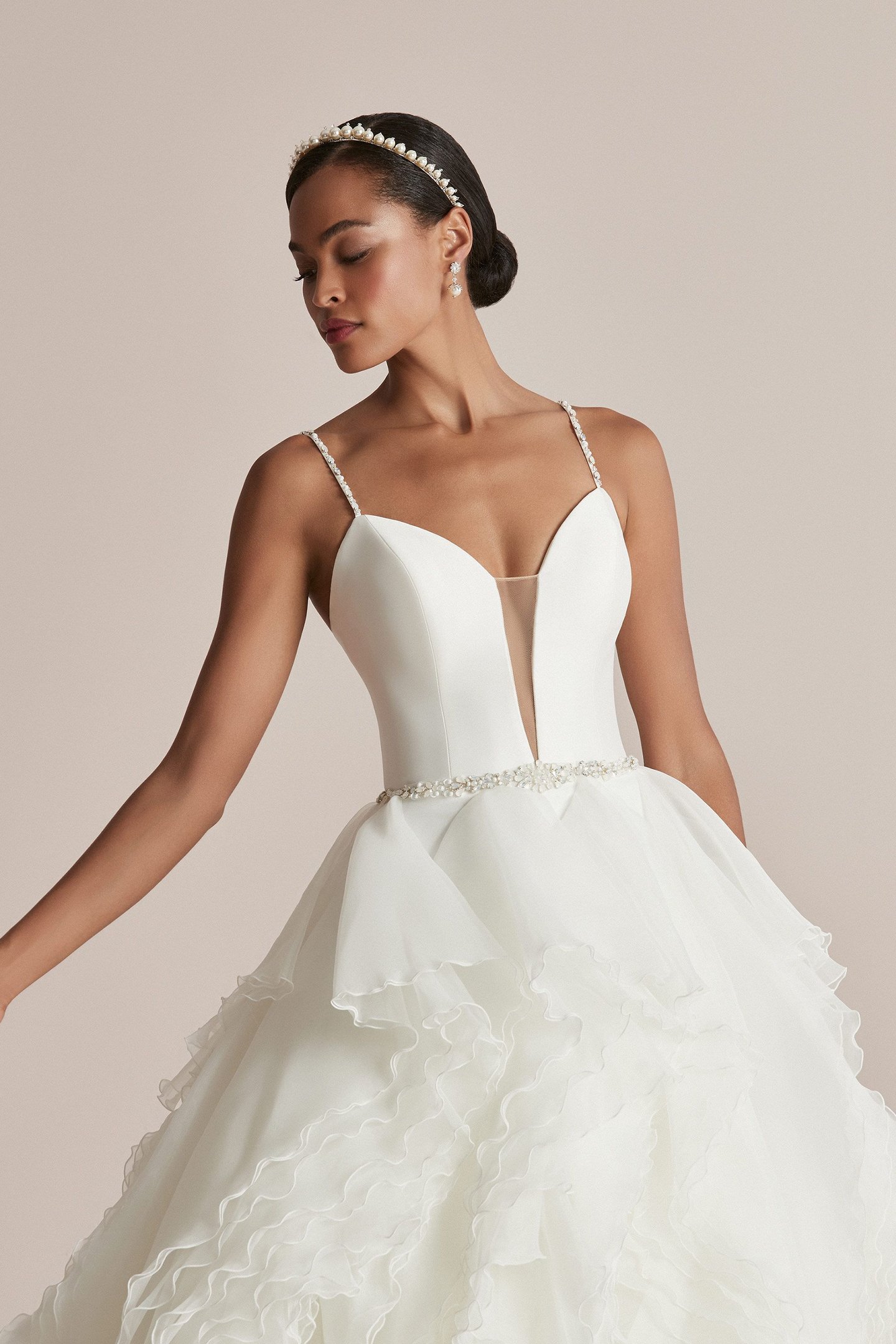 Justin Alexander Style 88211 Claire Bikini Neckline Ball Gown with Organza Mille-Feuille Ruffle Skirt