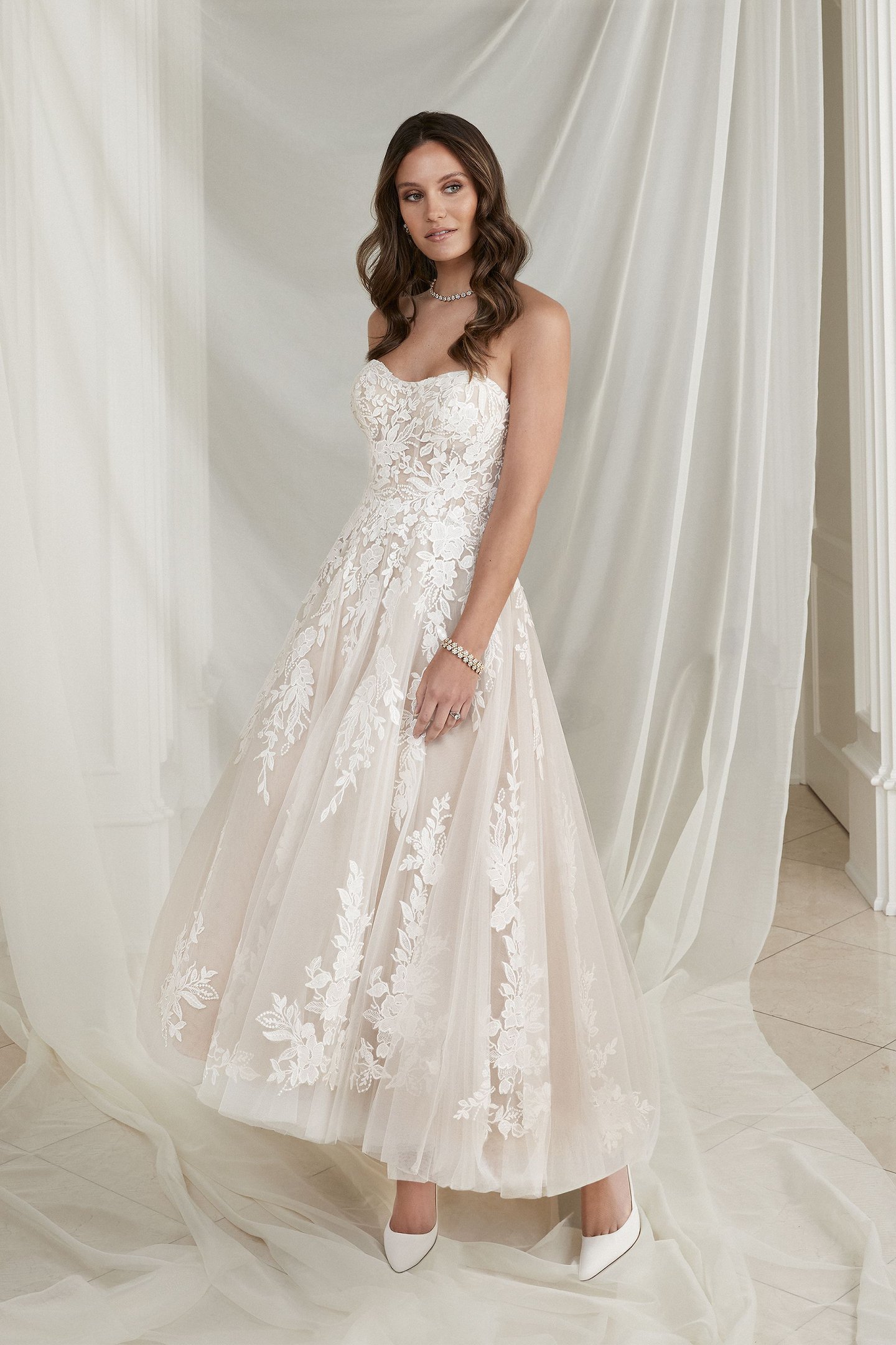 Justin Alexander Style 88255 Ellie Tea Length High-Low Dress with Modified Sweetheart Neckline