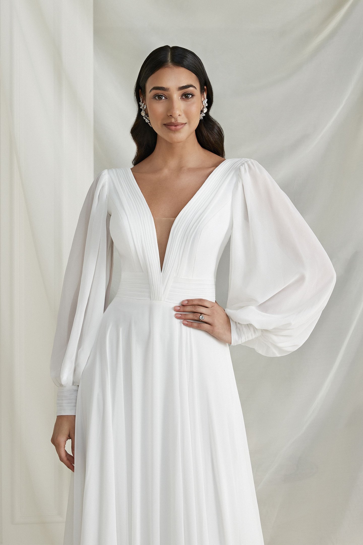 Justin Alexander Style 88258 Ebony Chiffon A-Line Wedding Dress with Bishop Sleeves