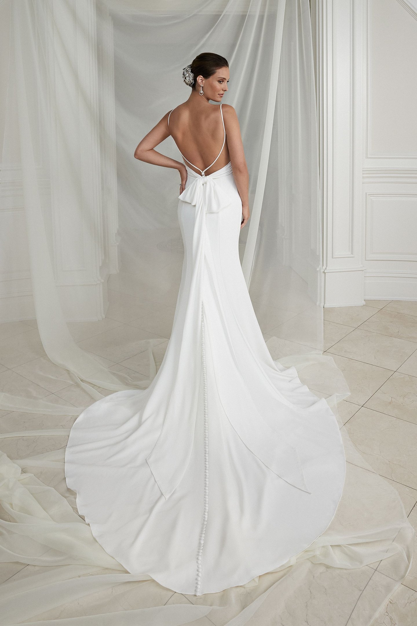 Justin Alexander Style 88259 Evan Stretch Crepe Wedding Dress with Illusion V-Back and Bow Detail