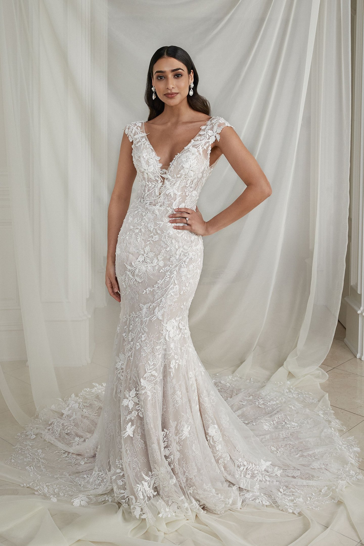 Justin Alexander Style 88275 Ember Lace Fit and Flare Wedding Dress with Cap Sleeves and Low Back