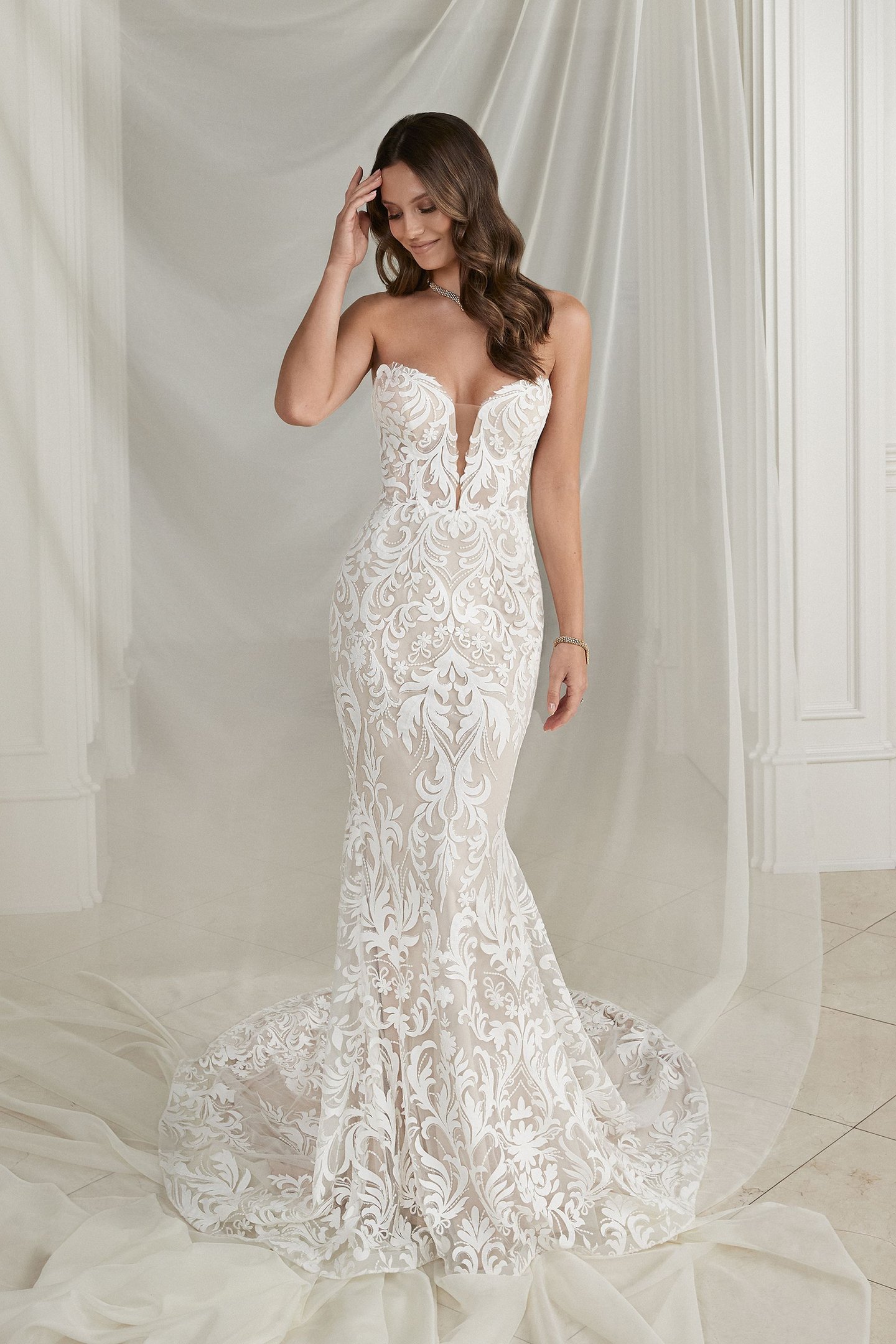 Justin Alexander Style 88278 Esme Strapless Fit and Flare Dress with Laser Cut Crepe Appliqués