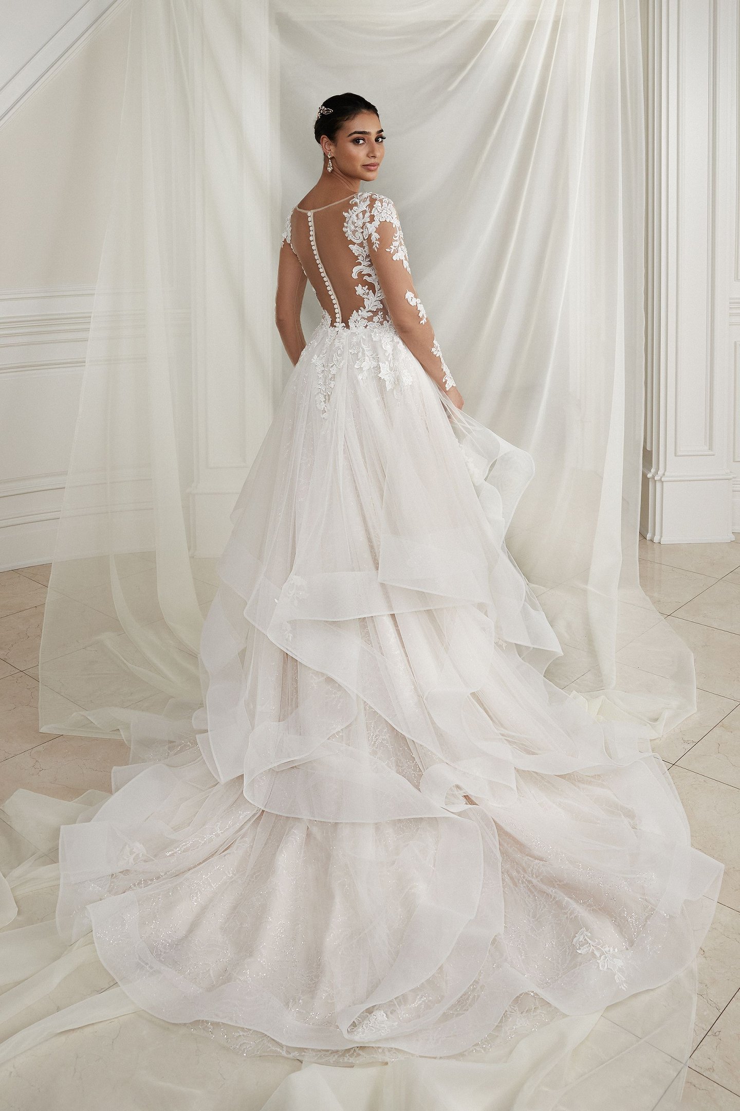 Justin Alexander Style 88283 Eden Beaded Long Sleeve Ruffle Skirt Ball Gown with Glitter Tulle