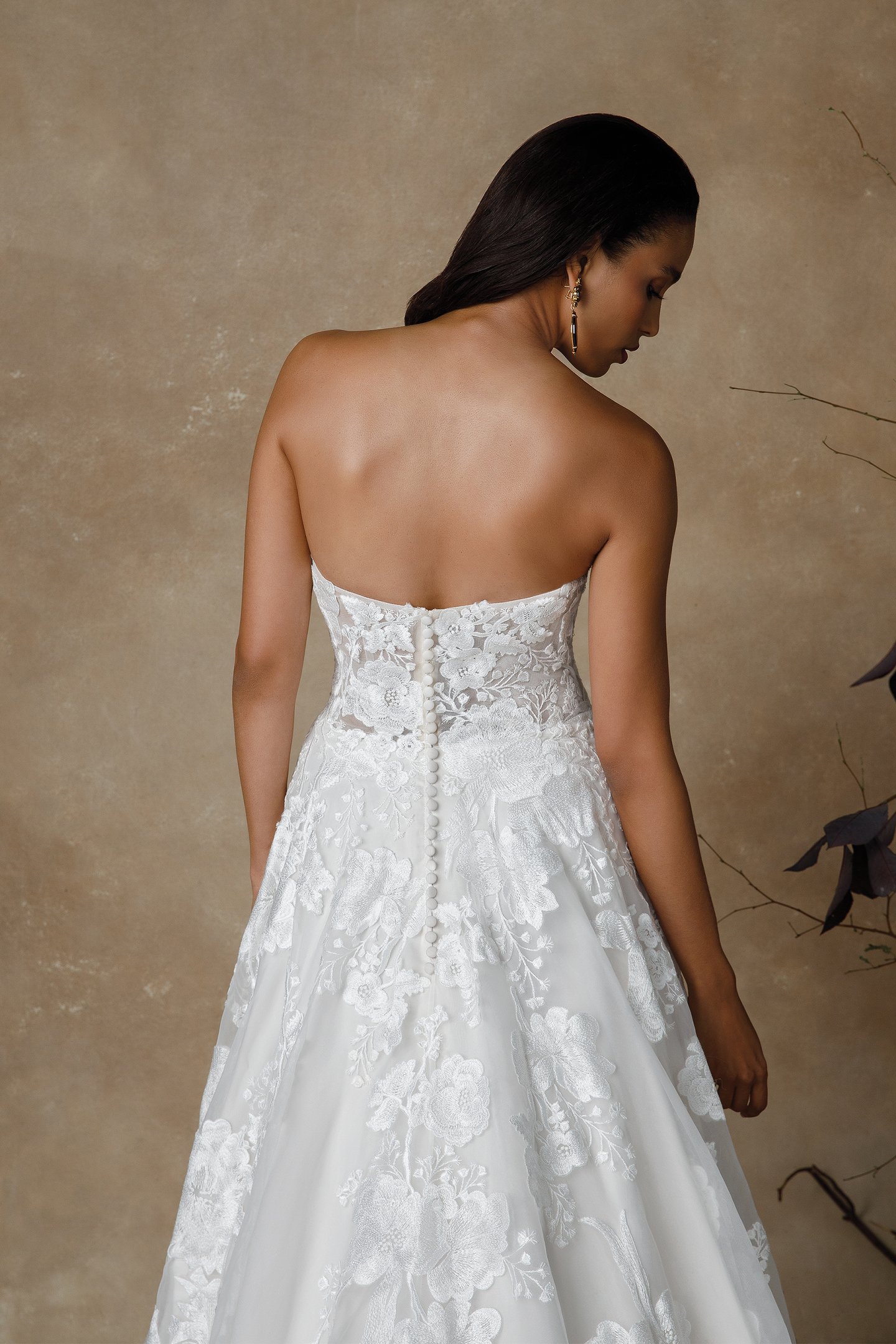 Justin Alexander Style 88333 Goldie Strapless Organza A-Line Wedding Dress with Lace Appliqués