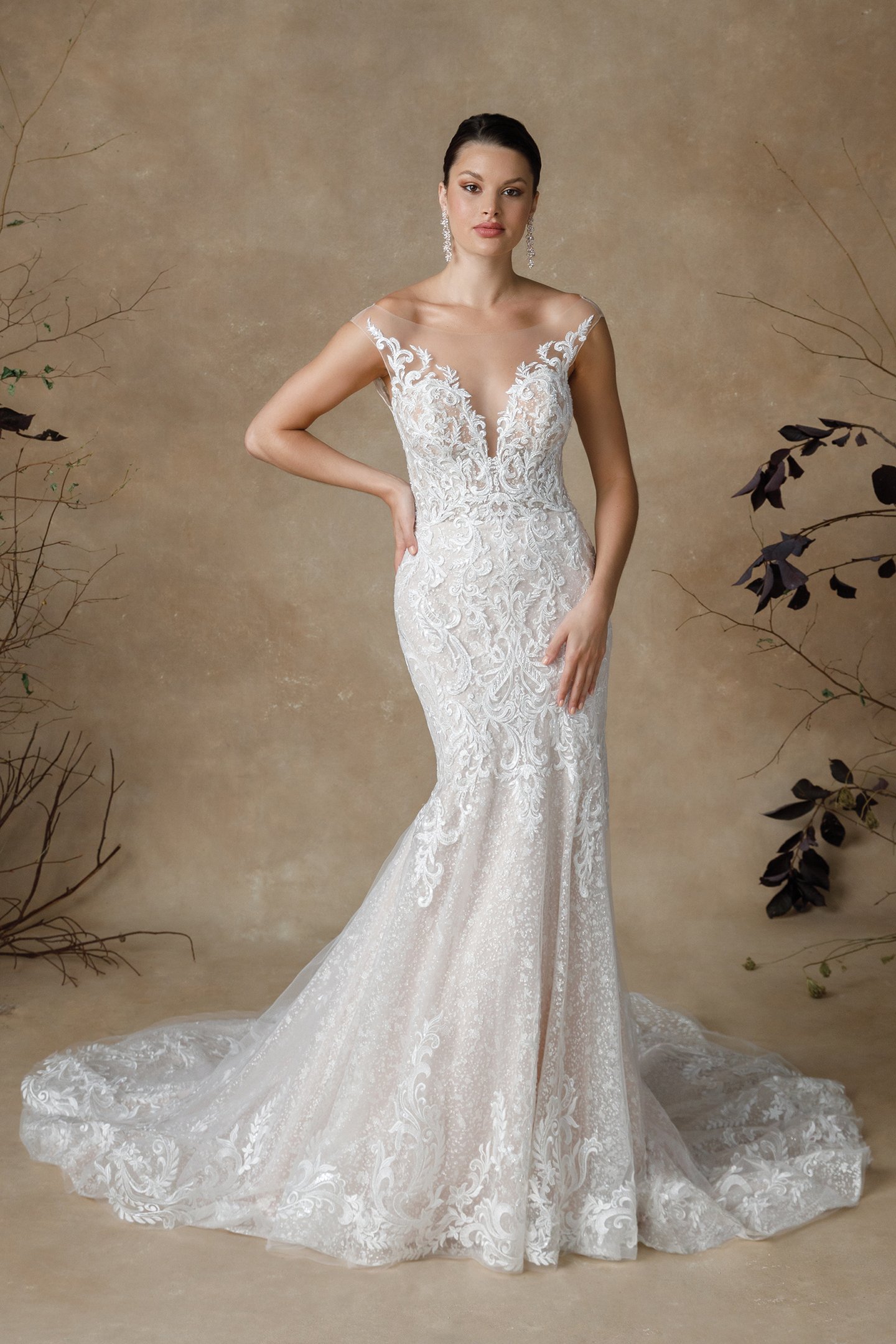Justin Alexander Style 88338 Glenora Trumpet Wedding Dress with Sheer Bodice and Plunging Neckline