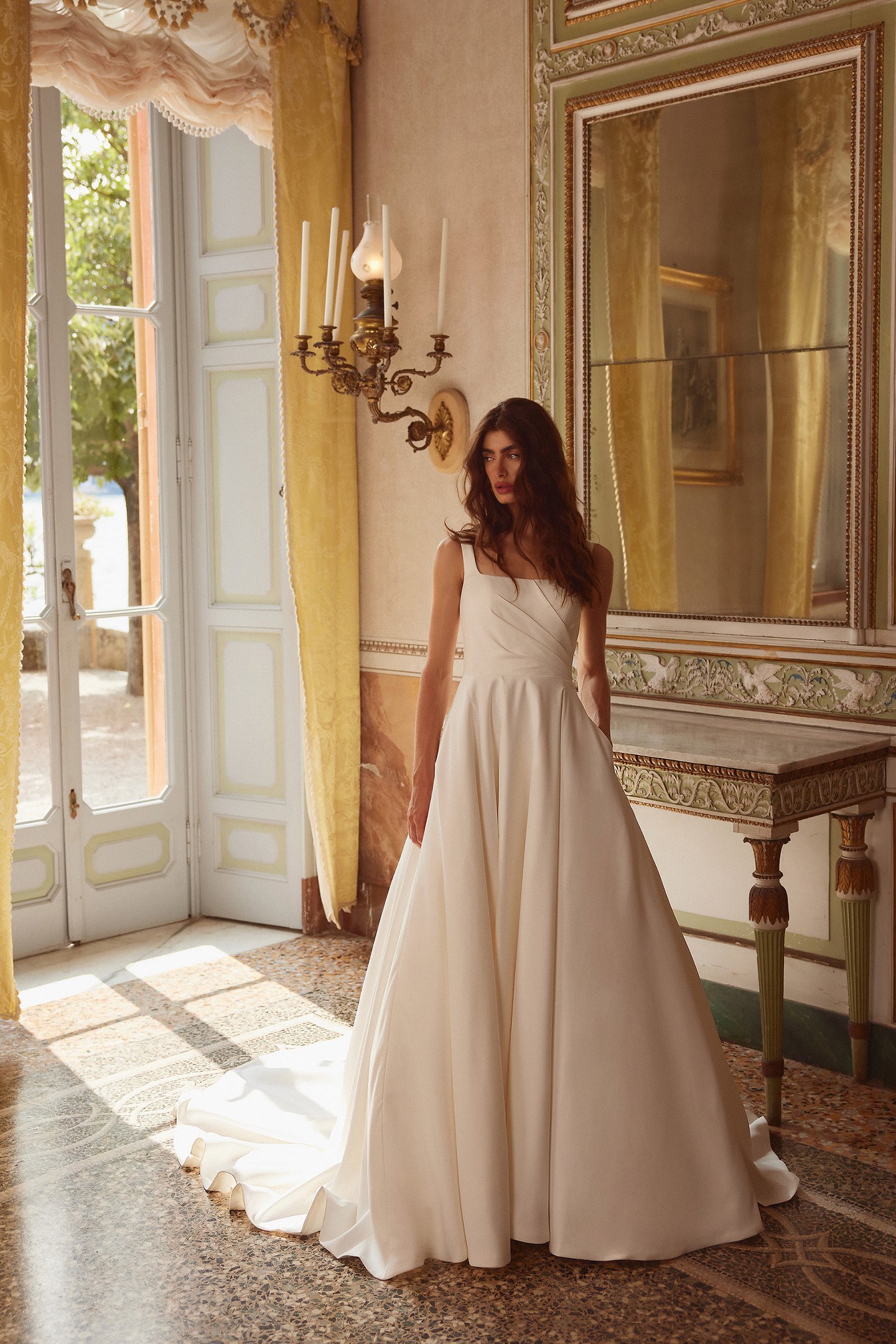 Justin Alexander Style 88377 Iva Satin Ball Gown with Square Neckline and Asymmetric Bodice and Pockets