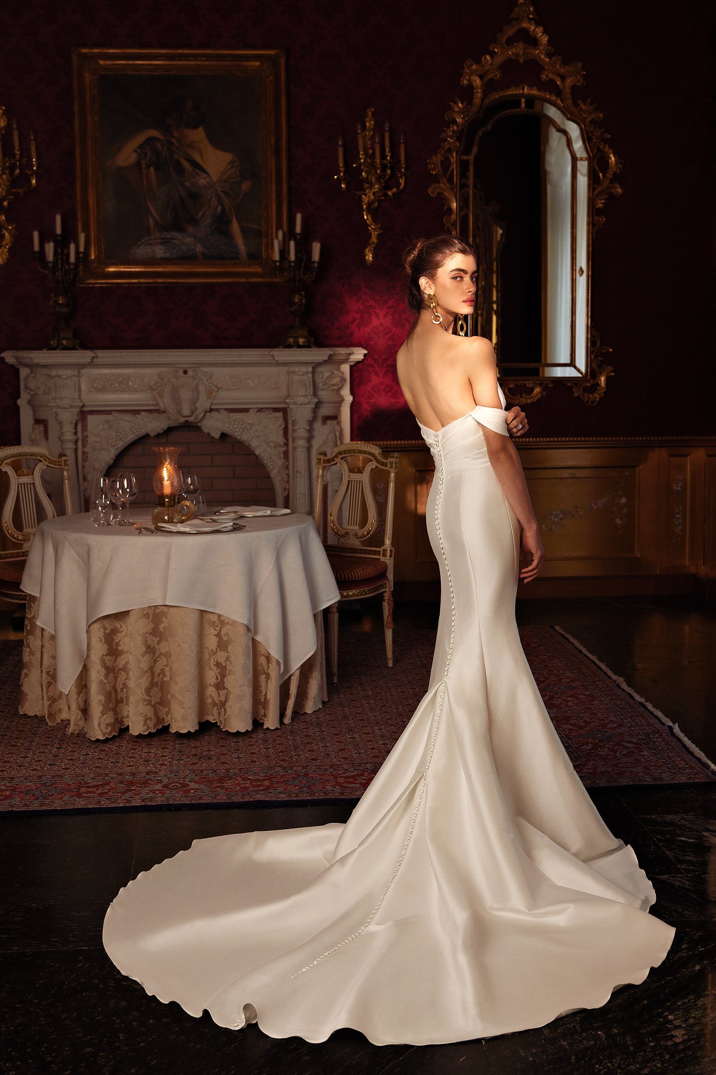 Justin Alexander Style 88381 Indigo Notch Neckline Stretch Mikado Fit and Flare Gown with Pleated Accents