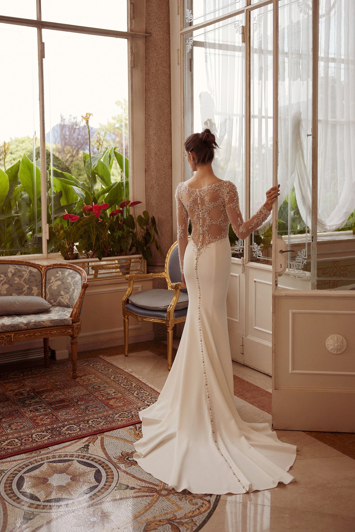 Justin Alexander Style 88382 Iryna Stretch Crepe Fit and Flare Wedding Dress with Beaded Illusion Back