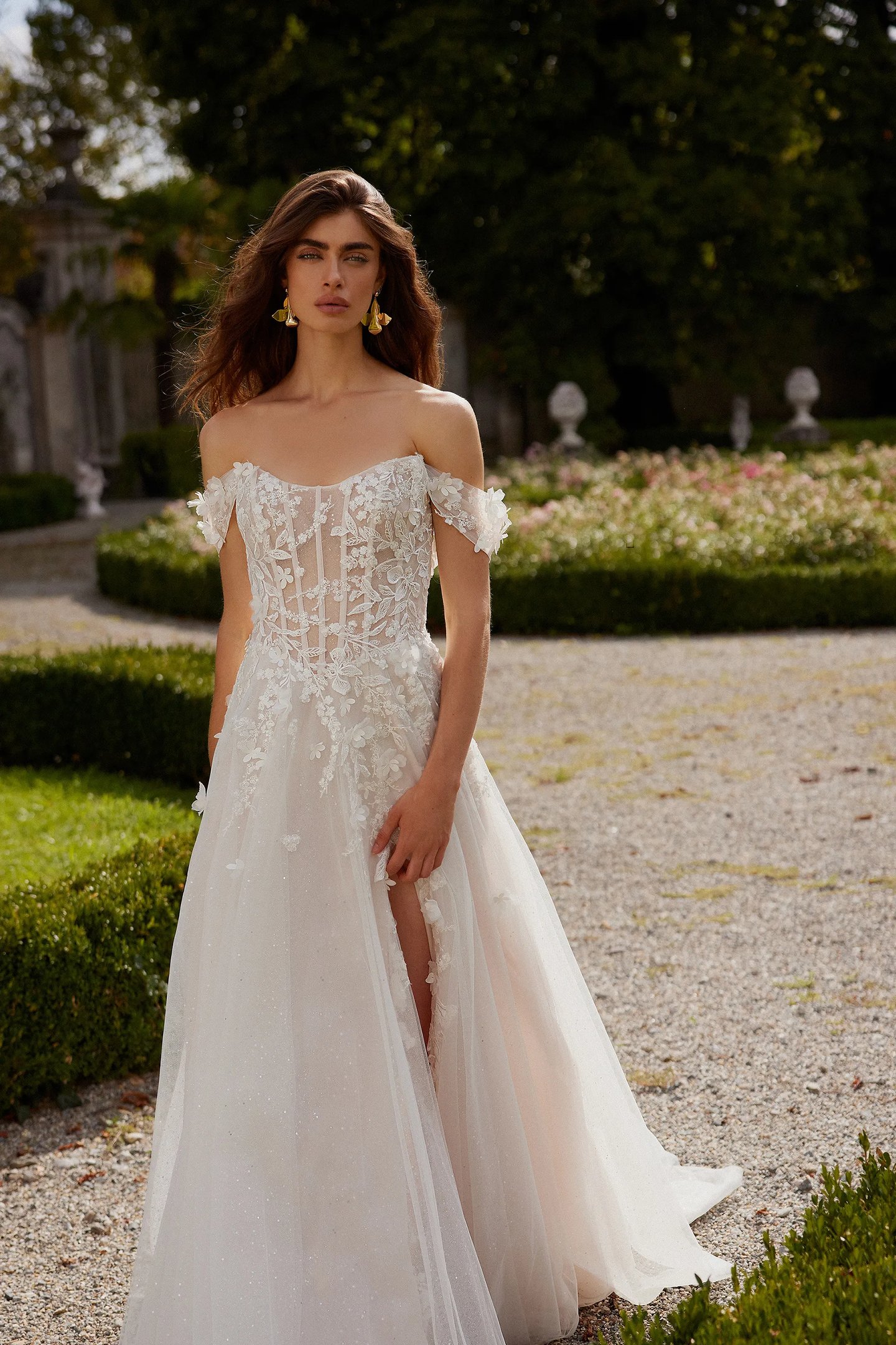 bold lace wedding dress T242018_Rustic Chic Fit & Flare Tulle Gown with Bold Floral Lace and  Portrait Necklines