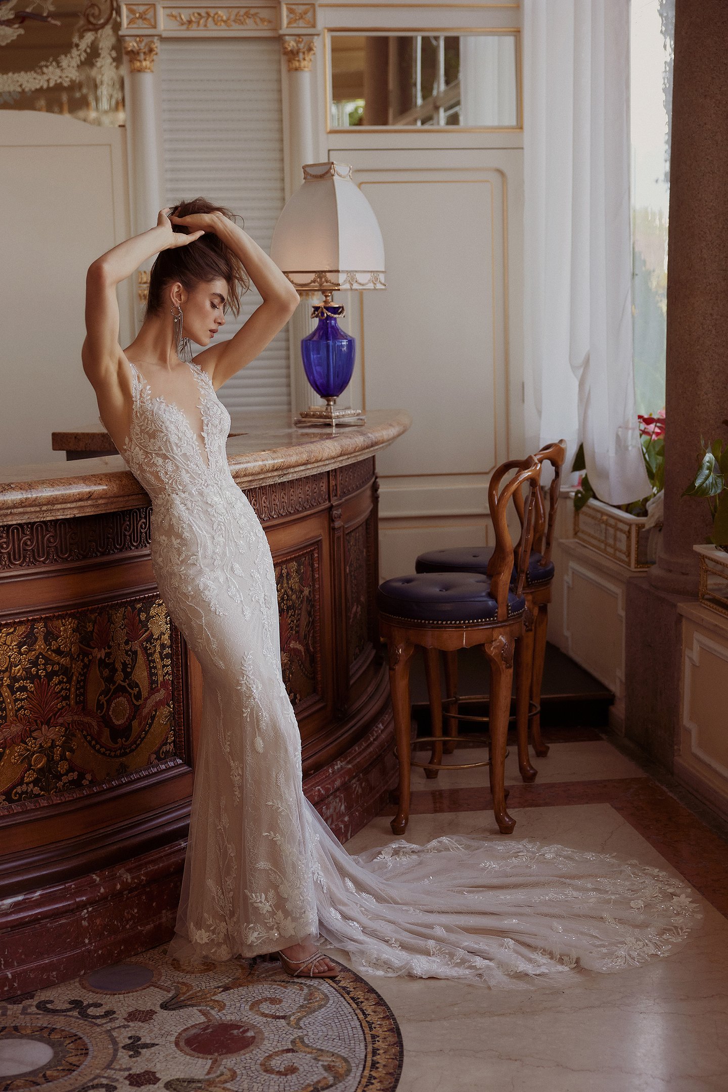 Justin Alexander Style 88401 Italia Lace Fit and Flare Gown with Plunging Illusion Neckline and Low Back