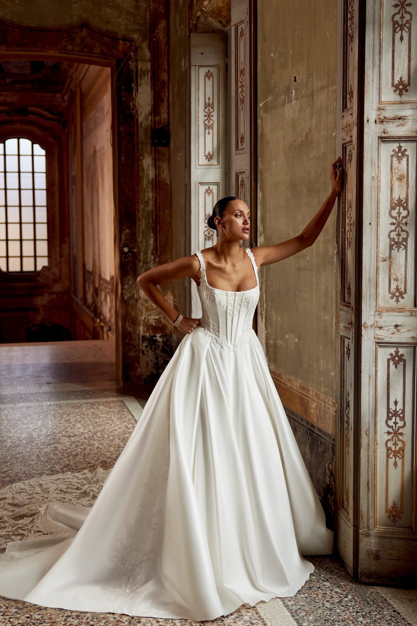 elegant square neck wedding dress Square Neckline A-Line Minimalist Wedding Dress With Removable Sleeves HAREM's Brides