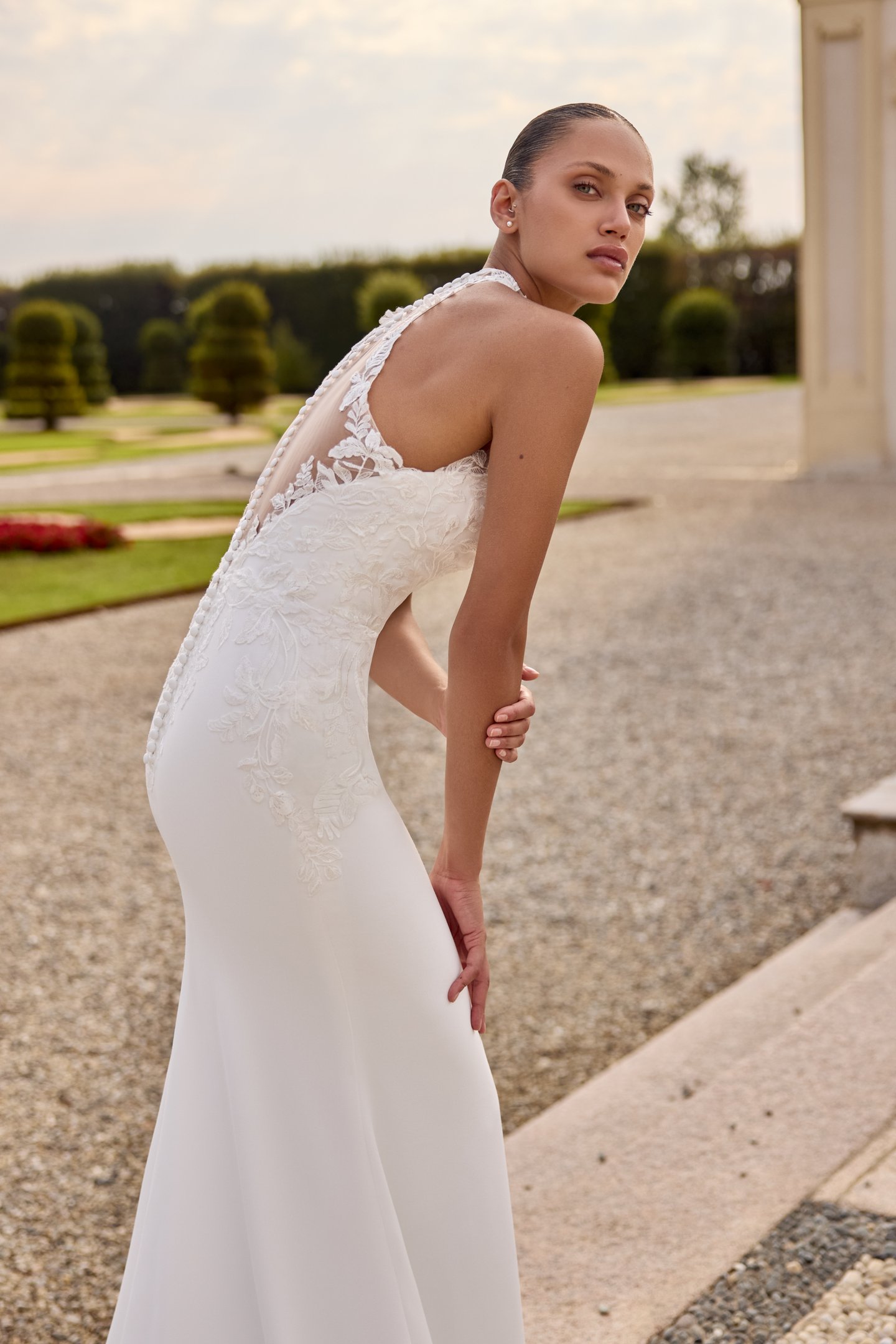 Justin Alexander Style 88441 Stretch Crepe Fit and Flare with Jewel Neckline and Illusion Back