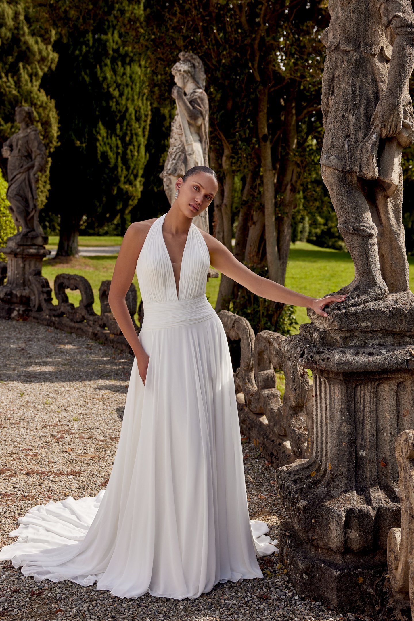 Justin Alexander Style 88449 Chiffon A-Line Gown with Plunging Halter Neckline and Cummerbund
