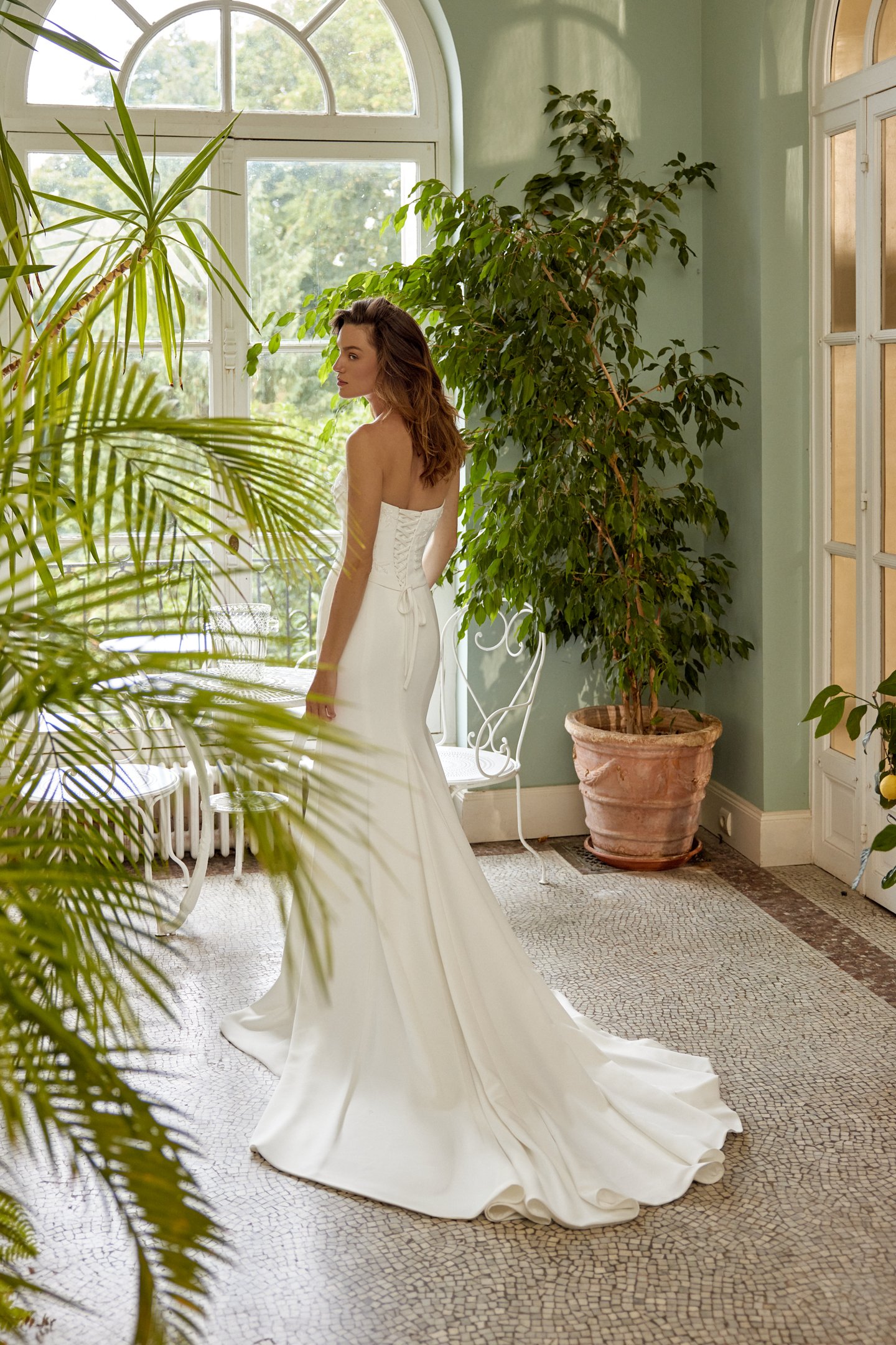 Justin Alexander Style 88500 MONROE Strapless Faux Two-Piece Crepe Fit & Flare with Tonal Beaded Appliqués