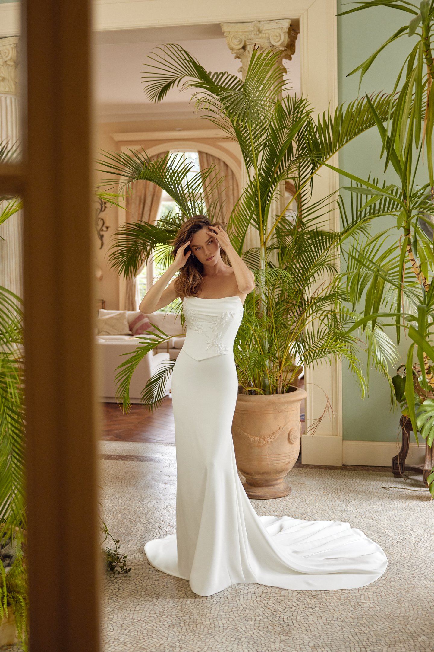 Justin Alexander Style 88500 MONROE Strapless Faux Two-Piece Crepe Fit & Flare with Tonal Beaded Appliqués