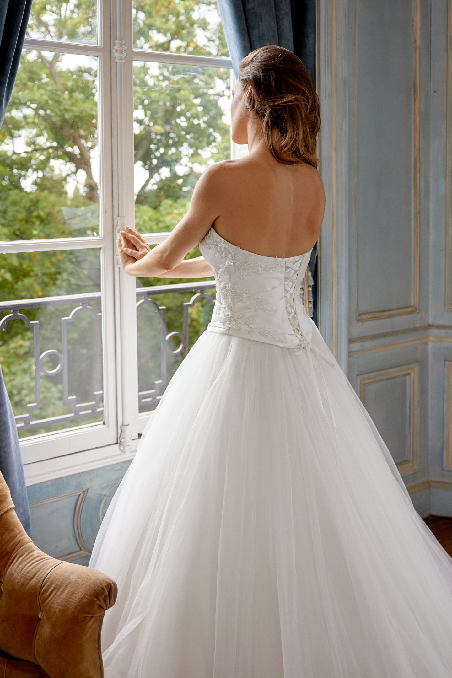 Justin Alexander Style 88501 MATISSE Tulle Ball Gown with Satin Pleated Bodice and Tonal Beaded Appliqués