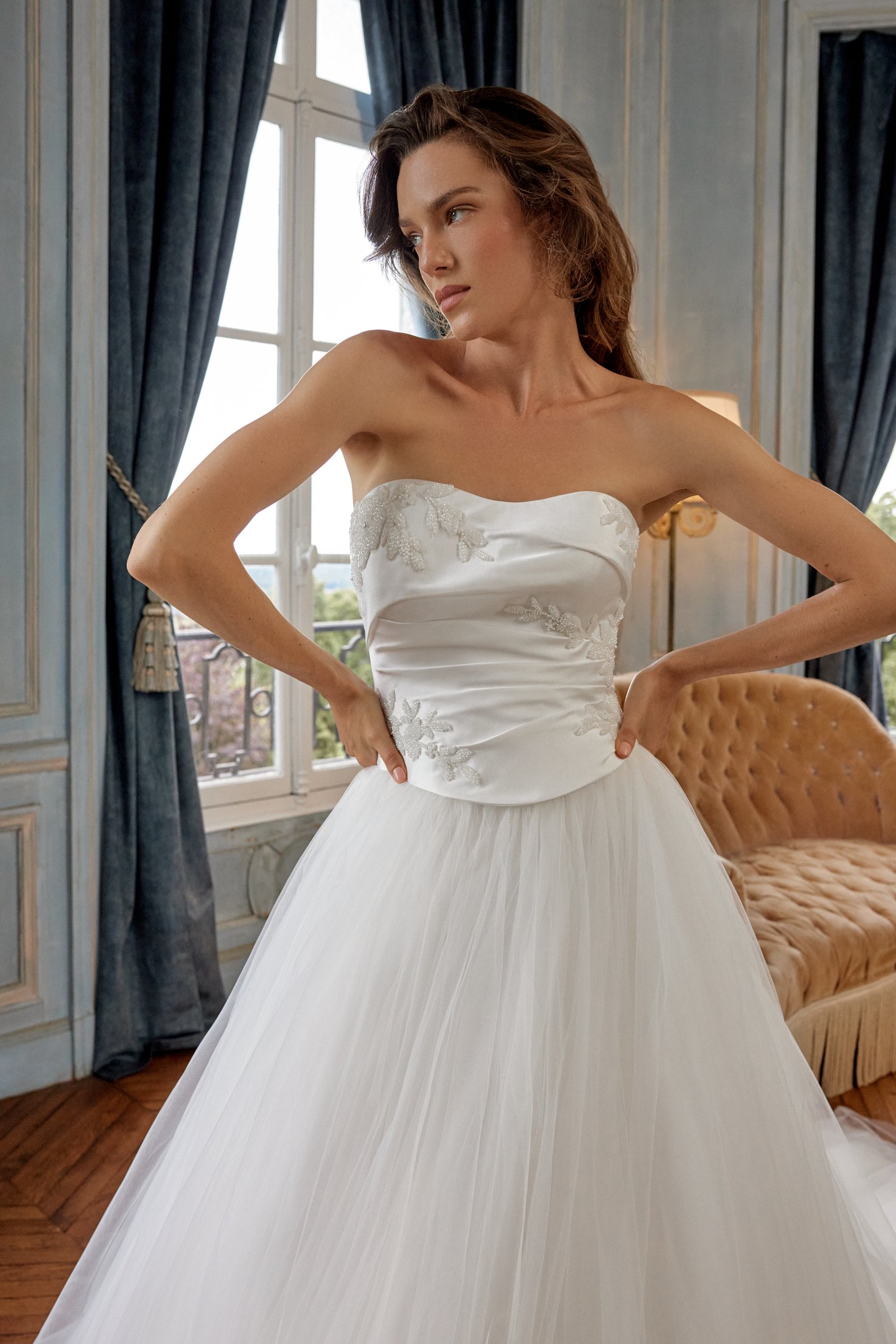 Justin Alexander Style 88501 MATISSE Tulle Ball Gown with Satin Pleated Bodice and Tonal Beaded Appliqués