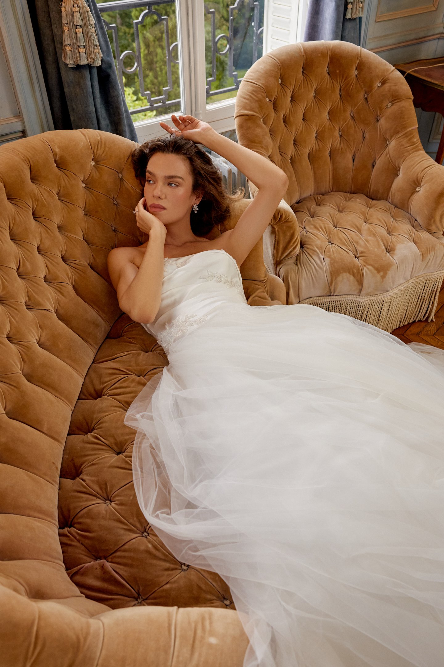 Justin Alexander Style 88501 MATISSE Tulle Ball Gown with Satin Pleated Bodice and Tonal Beaded Appliqués