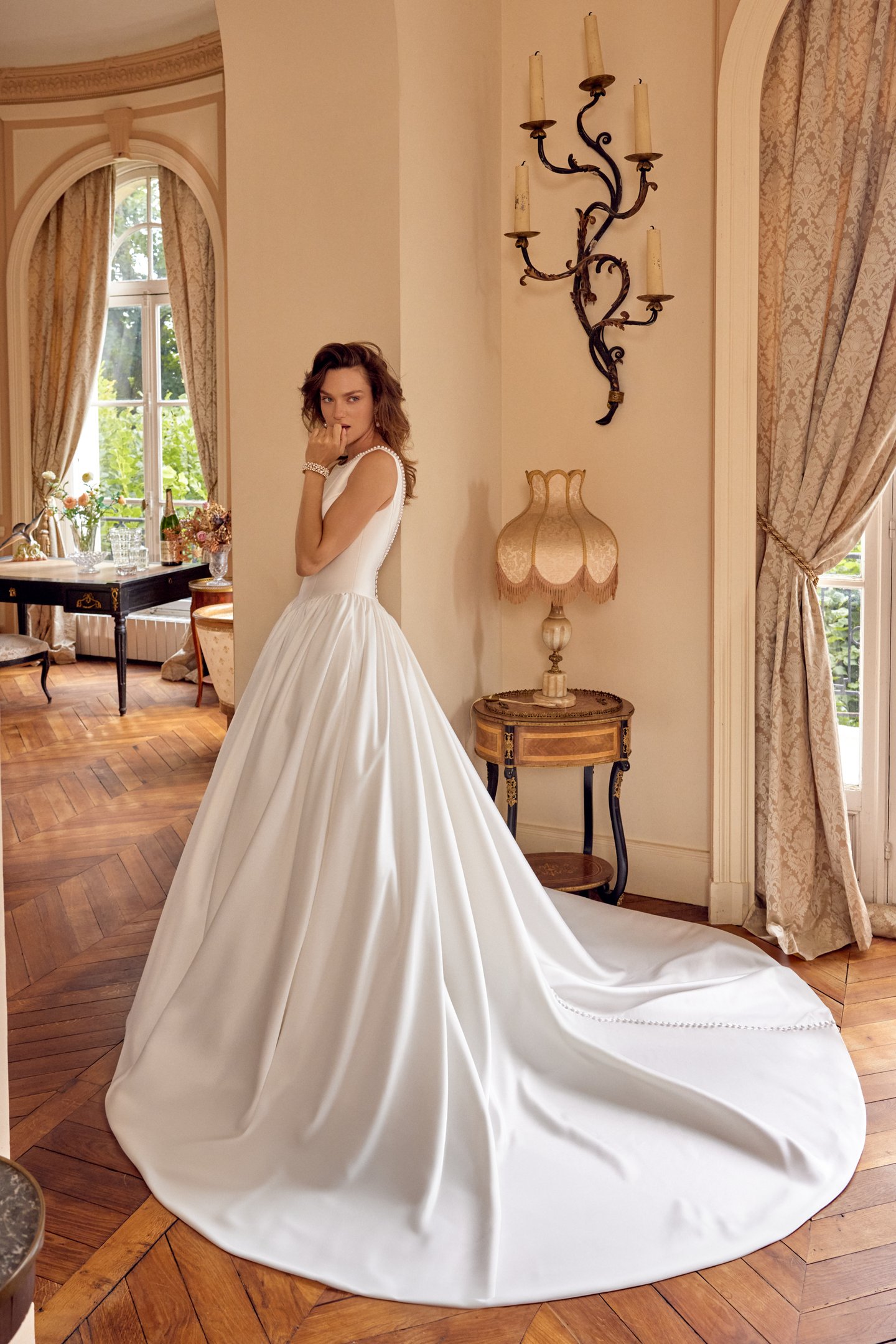 Mckenna: Mikado Ball Gown with Pearl Trim Sabrina Neckline and Low