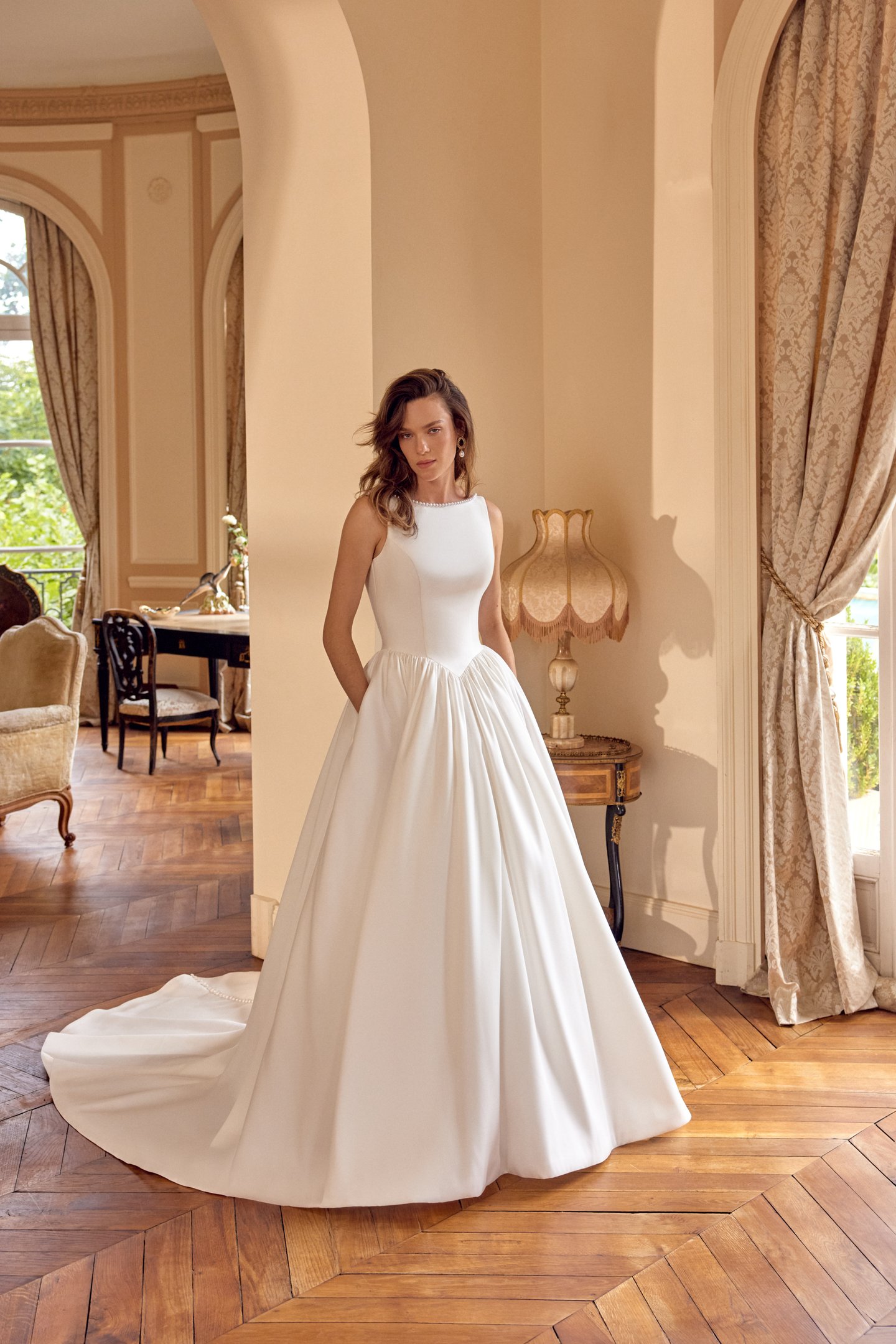 Justin Alexander Style 88504 MCKENNA Mikado Ball Gown with Pearl Trim Sabrina Neckline and Low V-Back